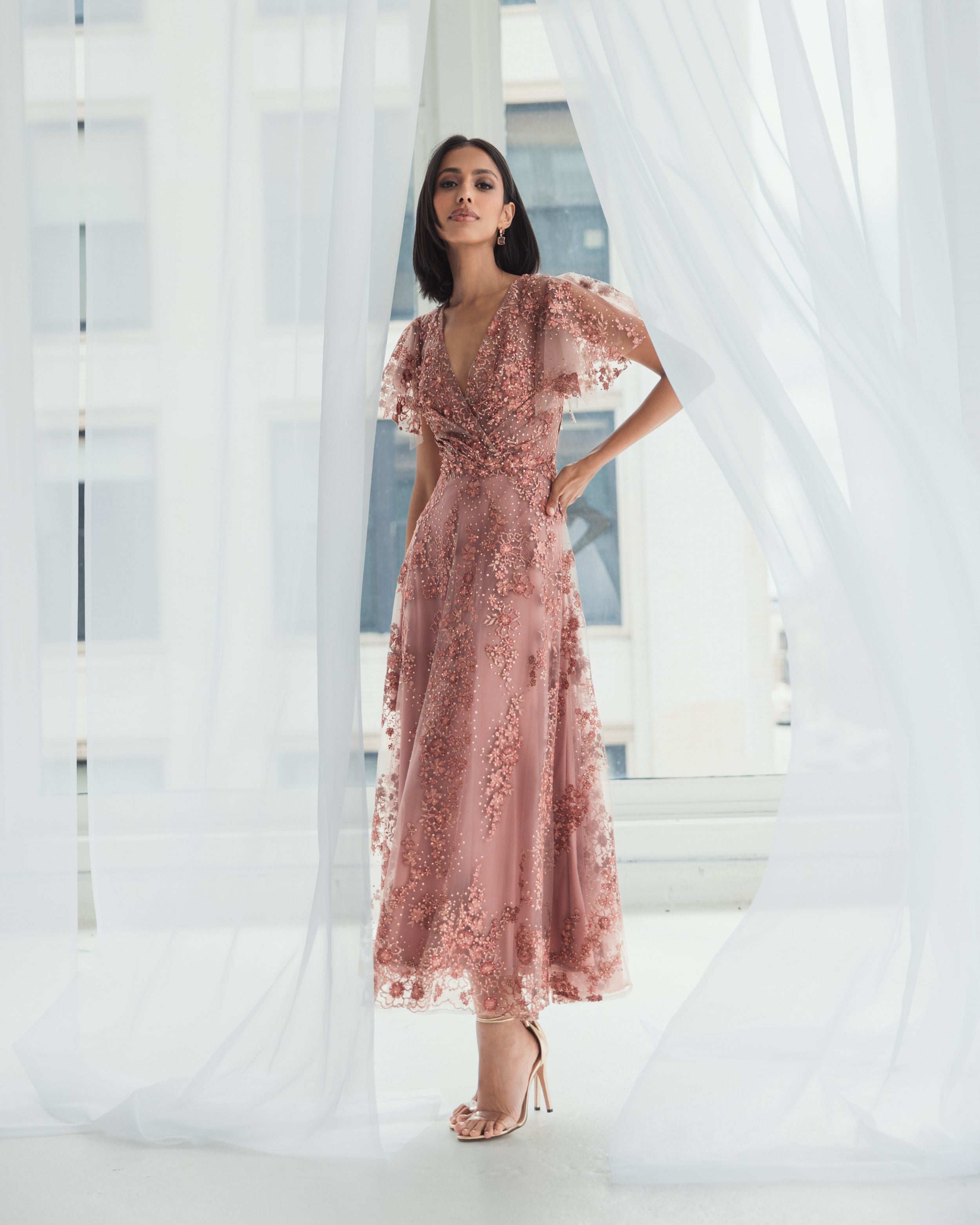 Pink Embroidered Flutter Sleeve A Line Dress-Myartka