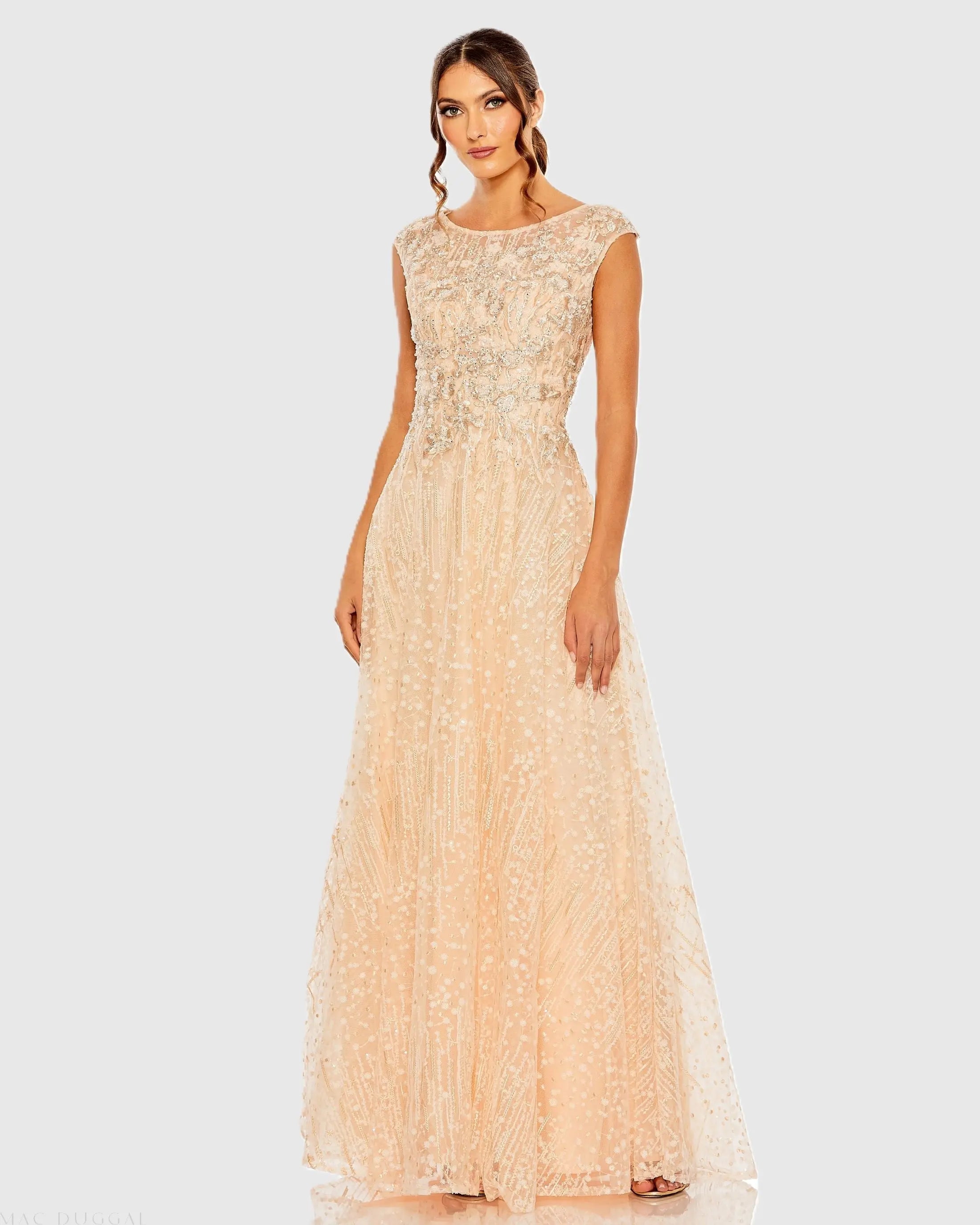 Light Orange High Neck Lace Embroidered Gown-Myartka