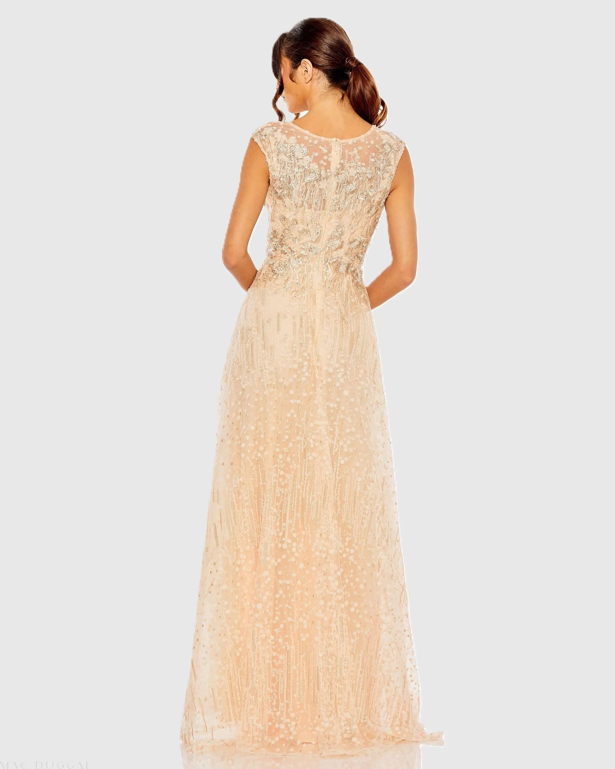 Light Orange High Neck Lace Embroidered Gown-Myartka