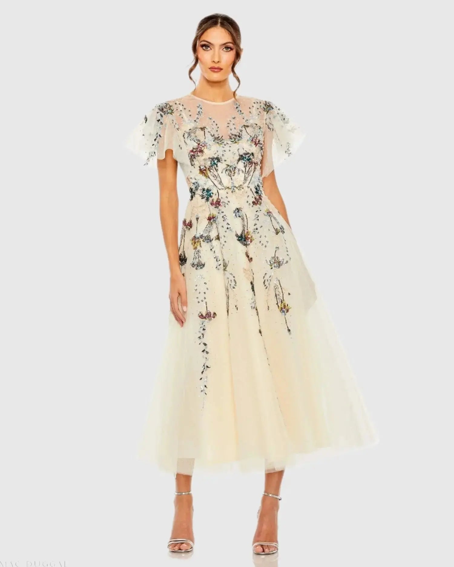 Flutter Sleeve High Neck Embellished Floral Dress-Myartka