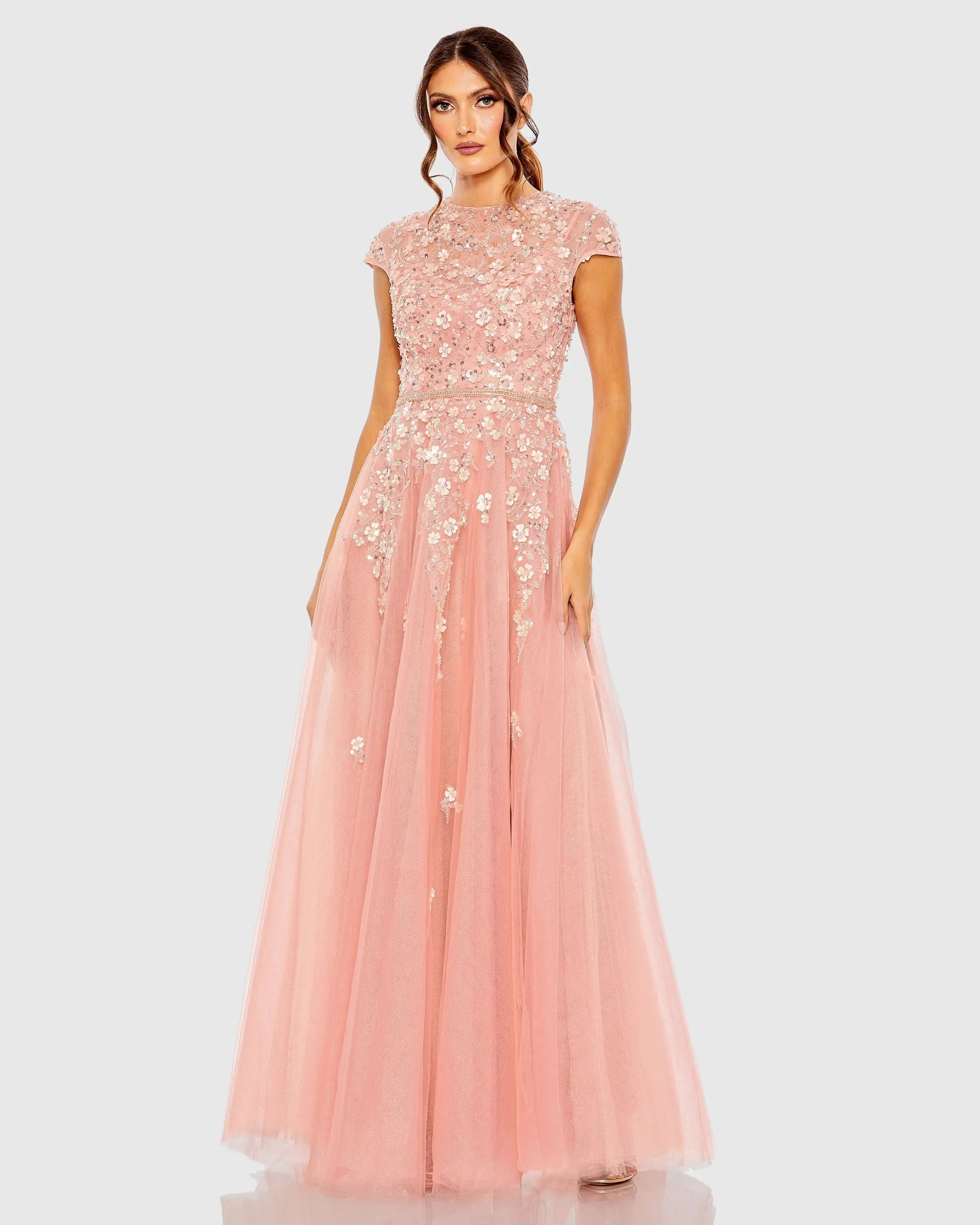 Pink High Neck Cap Sleeve Embellished A Line Gown-Myartka