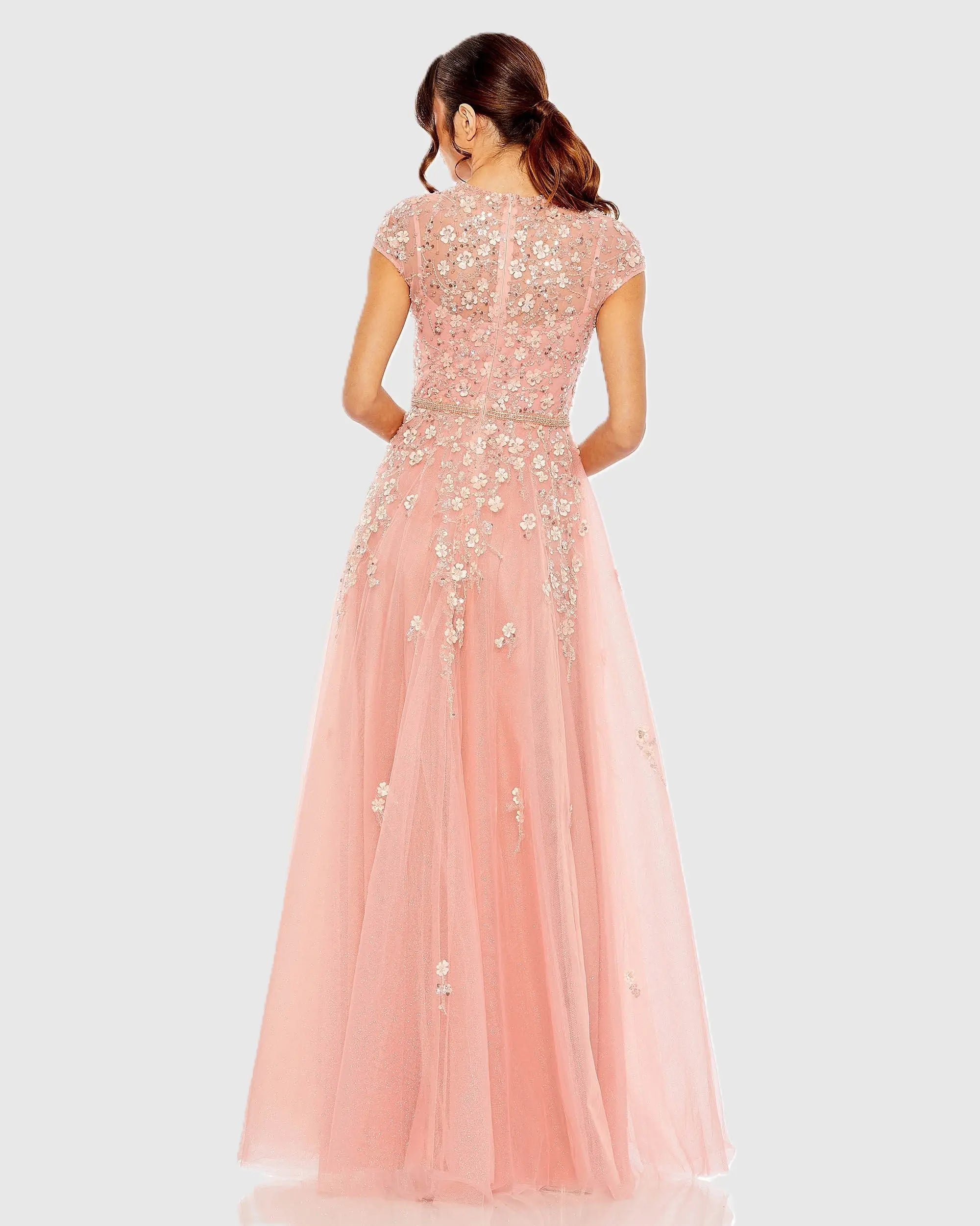 Pink High Neck Cap Sleeve Embellished A Line Gown-Myartka