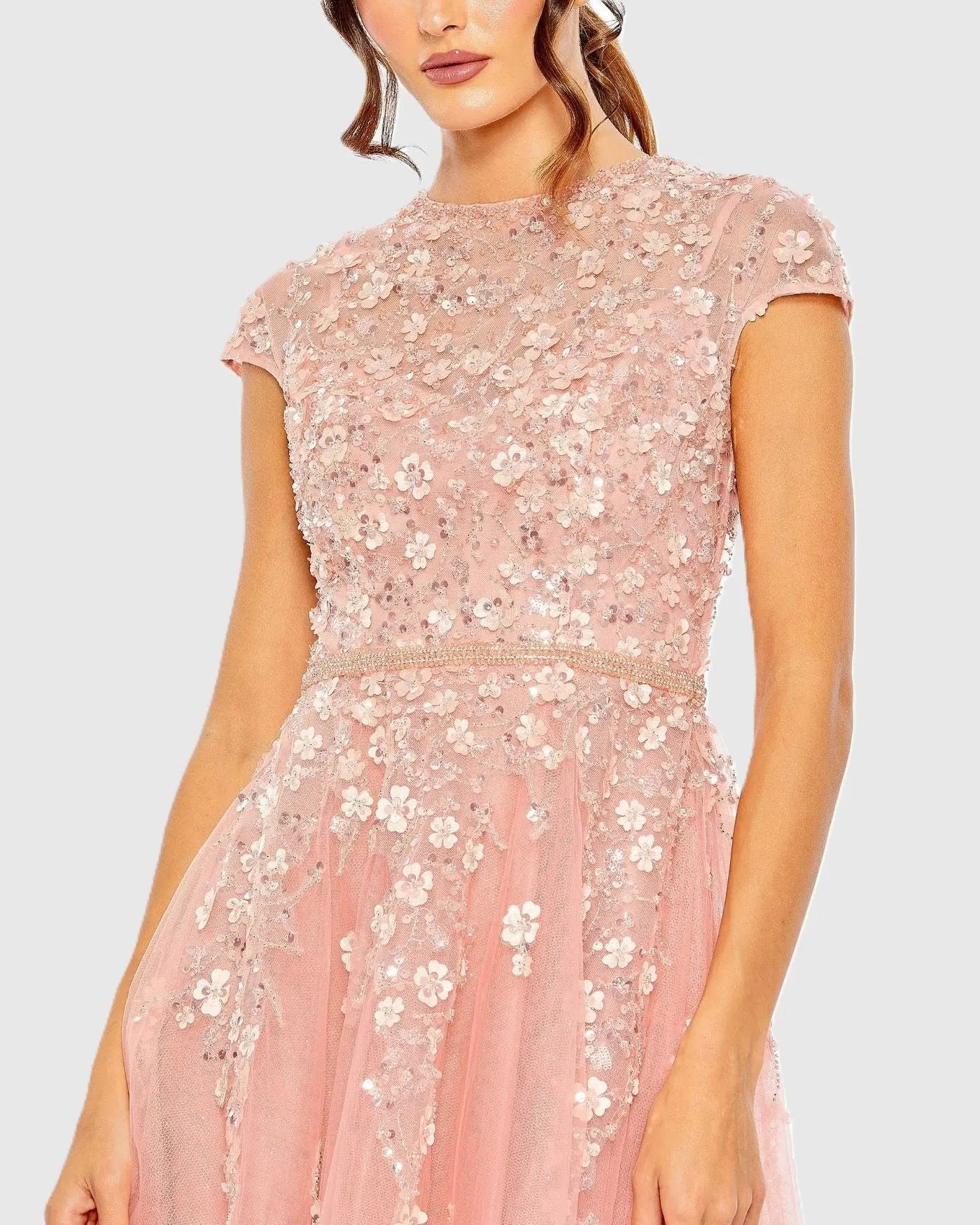 Pink High Neck Cap Sleeve Embellished A Line Gown-Myartka