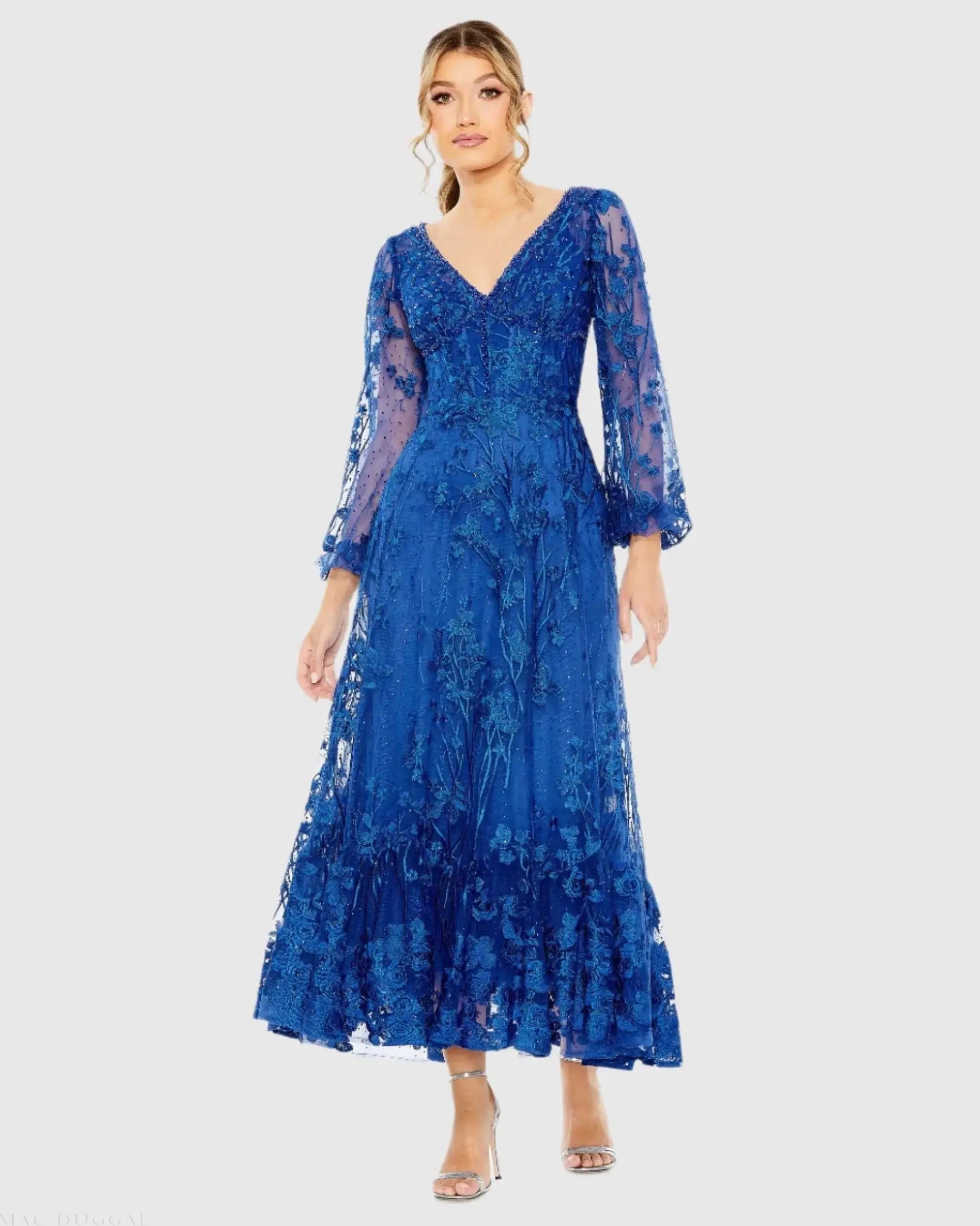 Blue V-Neck Embroidered A-line Tea Length Dress-Myartka