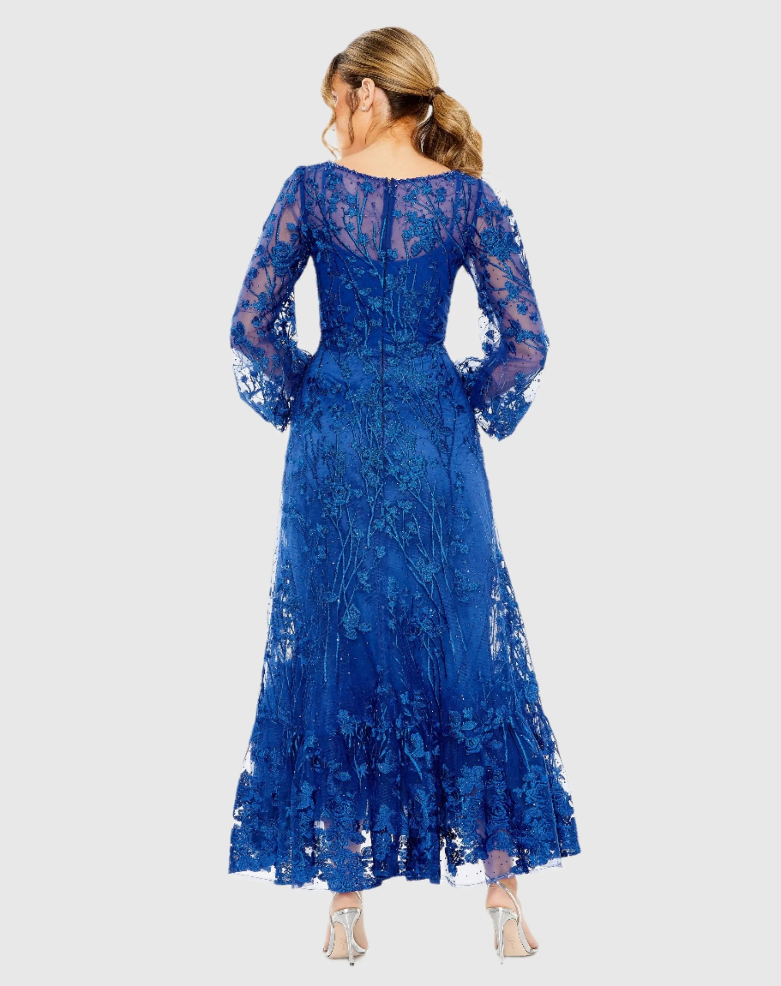 Blue V-Neck Embroidered A-line Tea Length Dress-Myartka