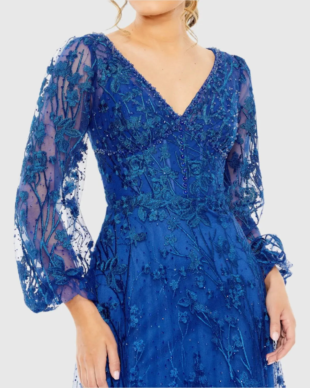 Blue V-Neck Embroidered A-line Tea Length Dress-Myartka