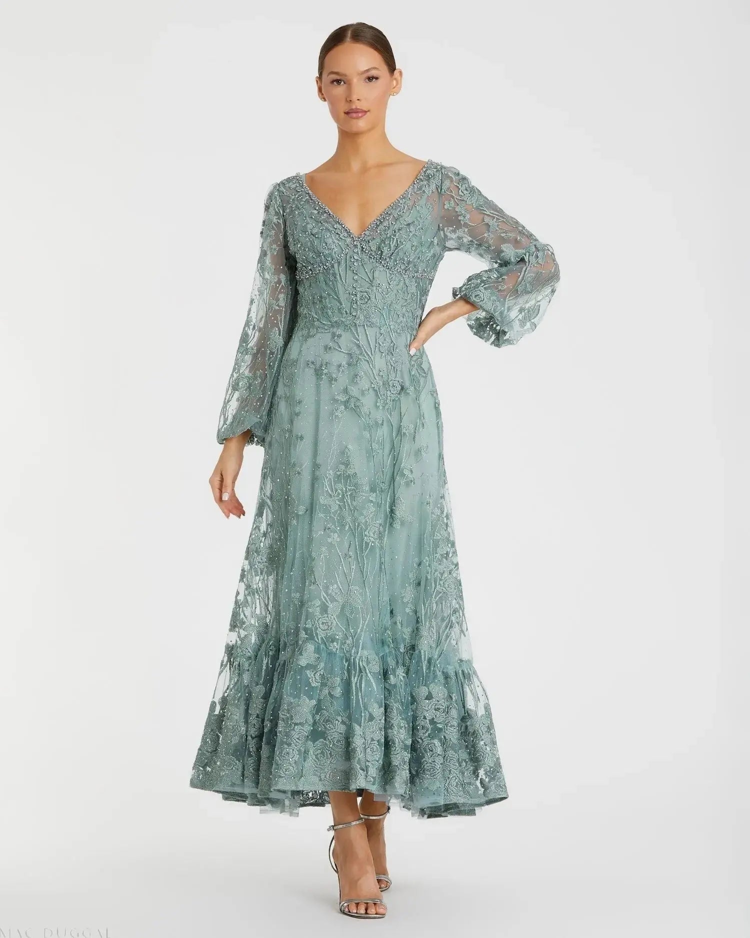 V-Neck Mesh Puff Sleeve A Line Embellished Tea Length Dress-Myartka