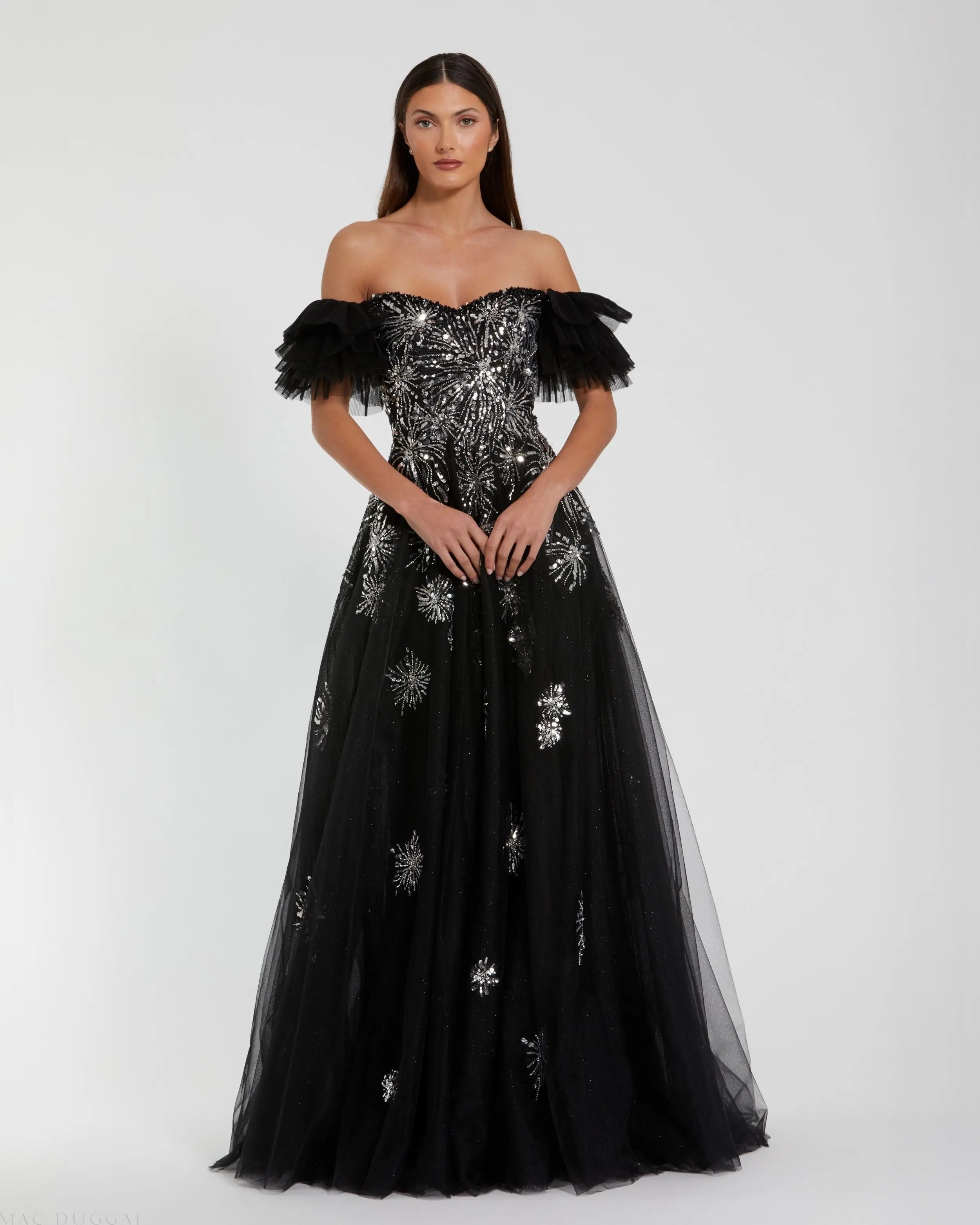 Black Tulle Off The Shoulder Gown With Sequin Details-Myartka