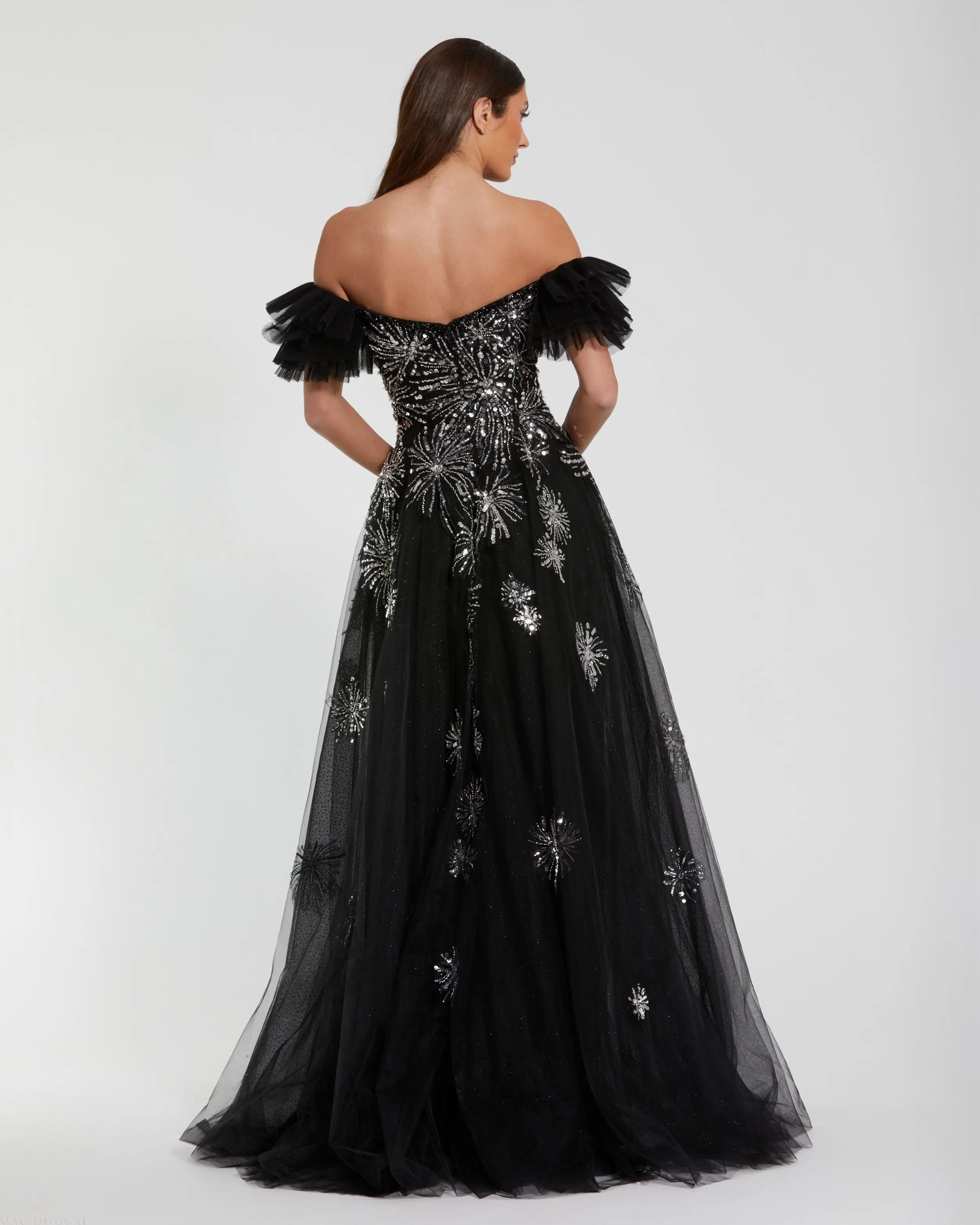Black Tulle Off The Shoulder Gown With Sequin Details-Myartka