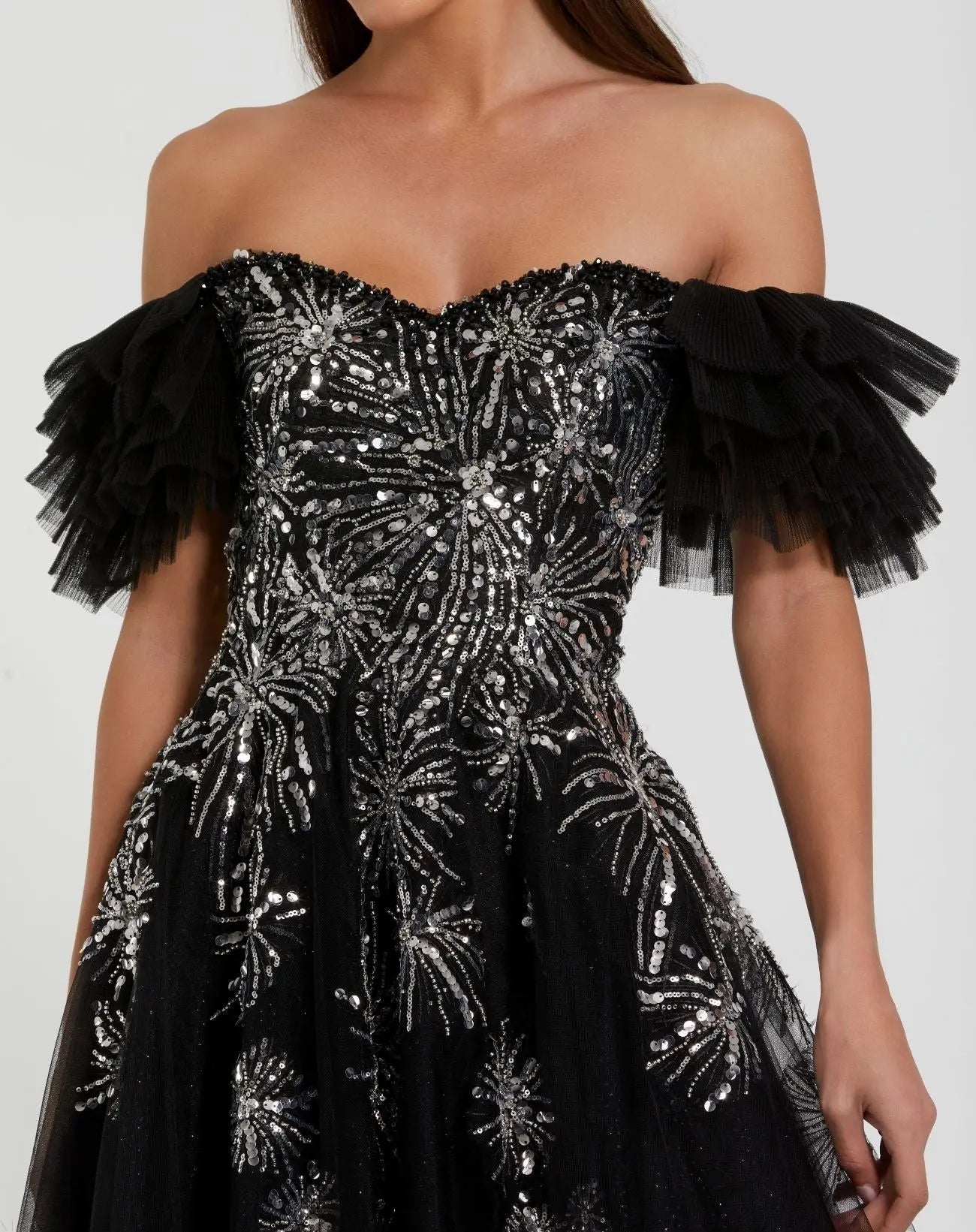 Black Tulle Off The Shoulder Gown With Sequin Details-Myartka