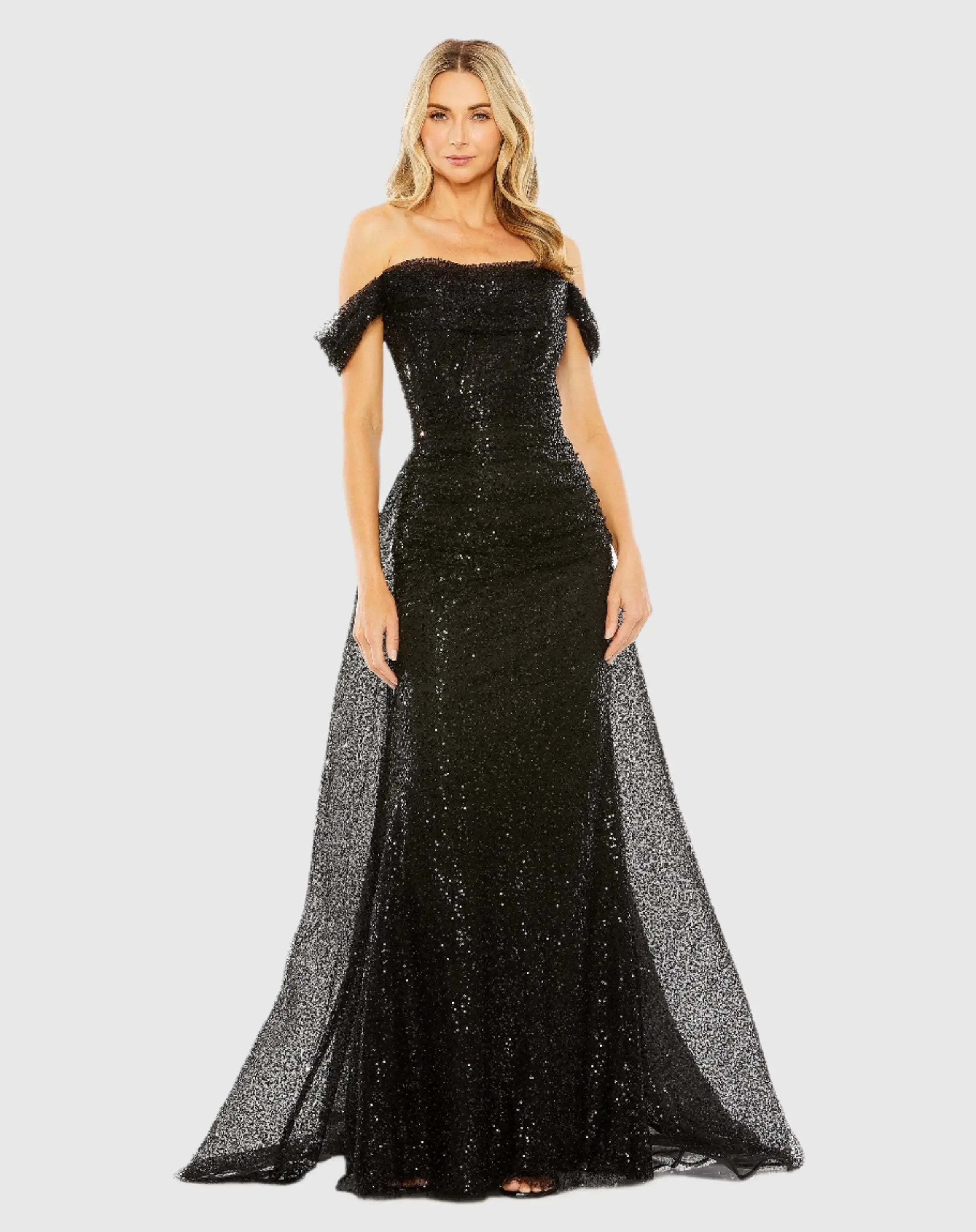 Black Off the Shoulder Sequin Panel Train Gown - FINAL SALE-Myartka