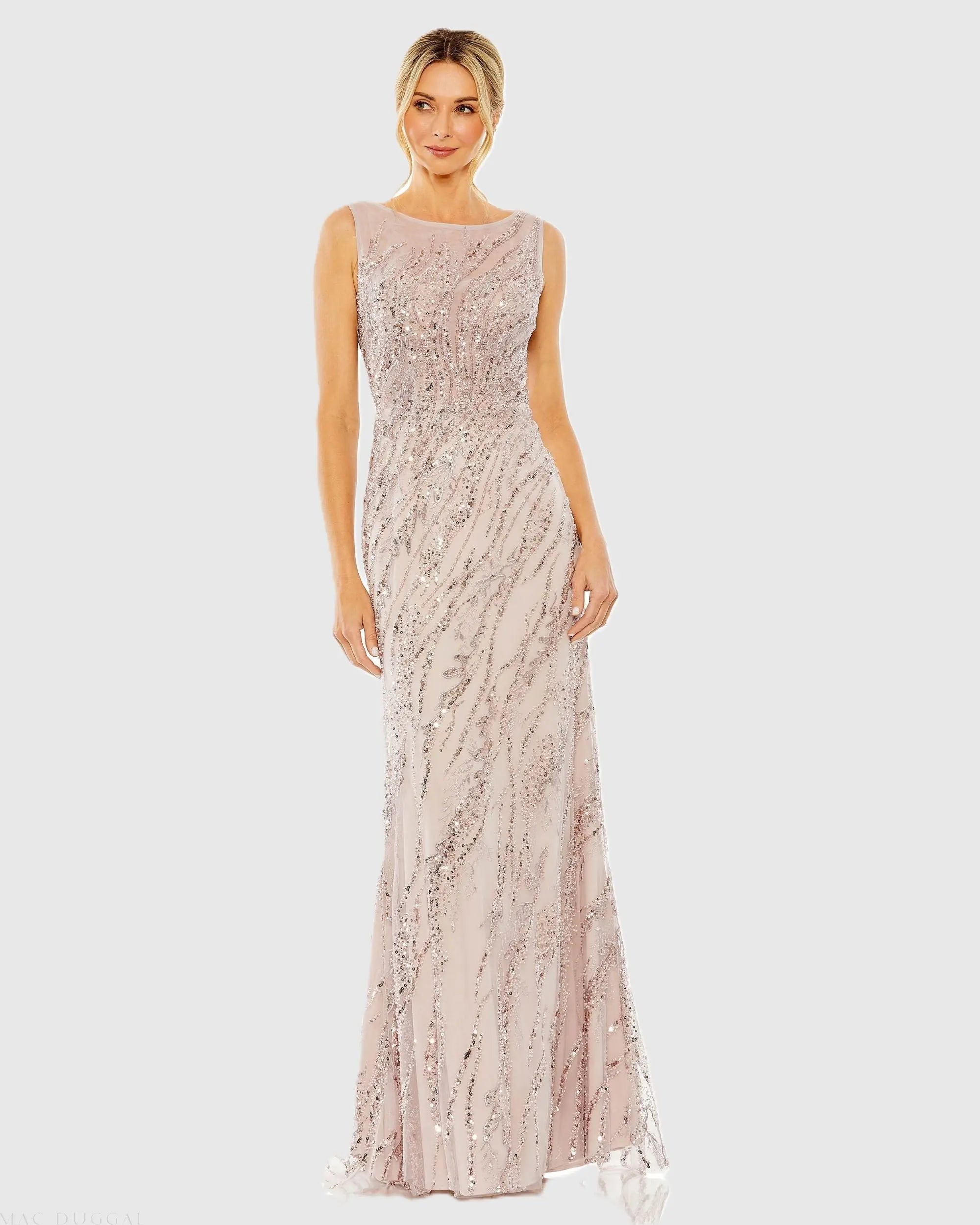 Pink Sleeveless Embellished Boat Neck Gown-Myartka