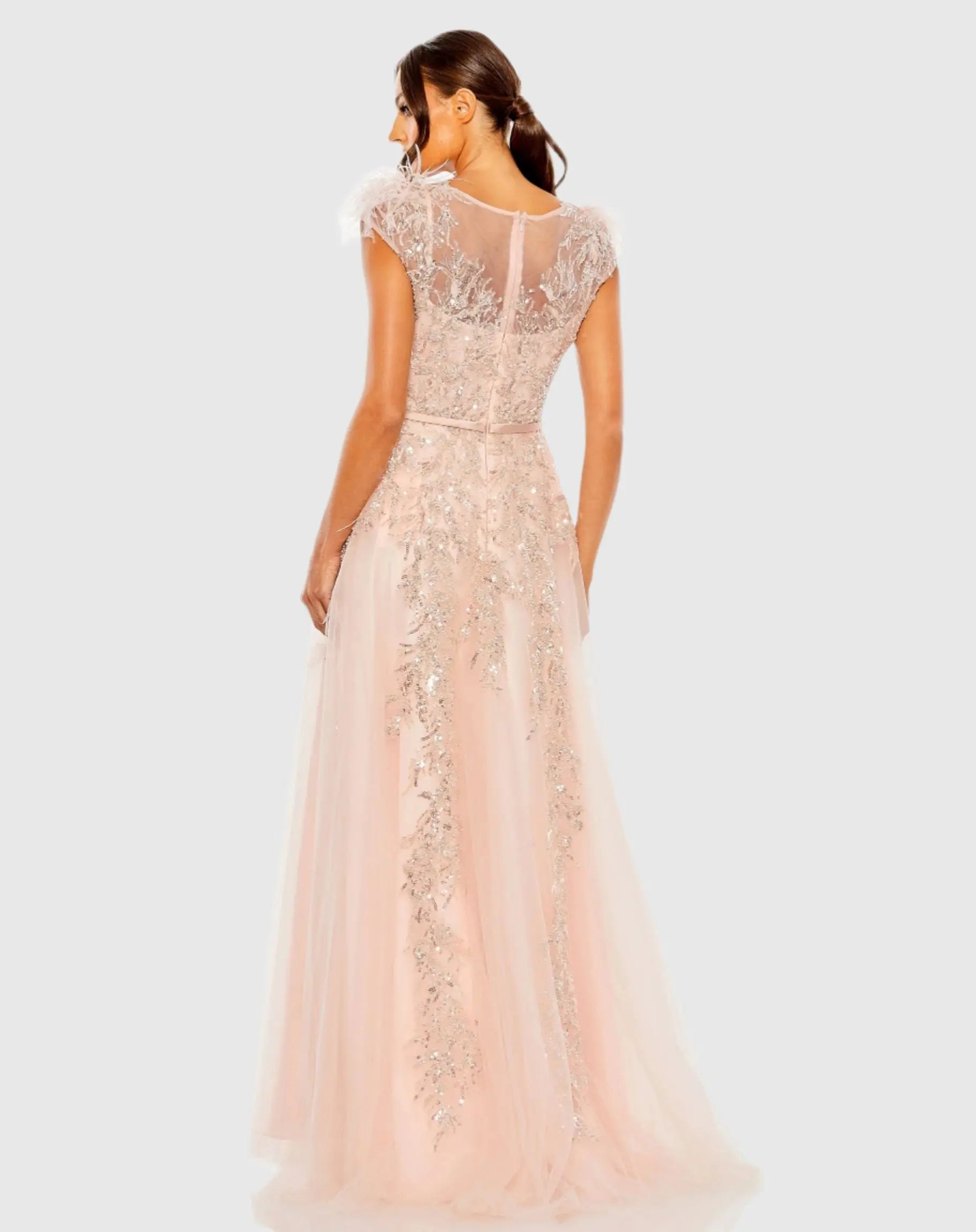 Pink High Neck Feather Detail Beaded Gown-Myartka