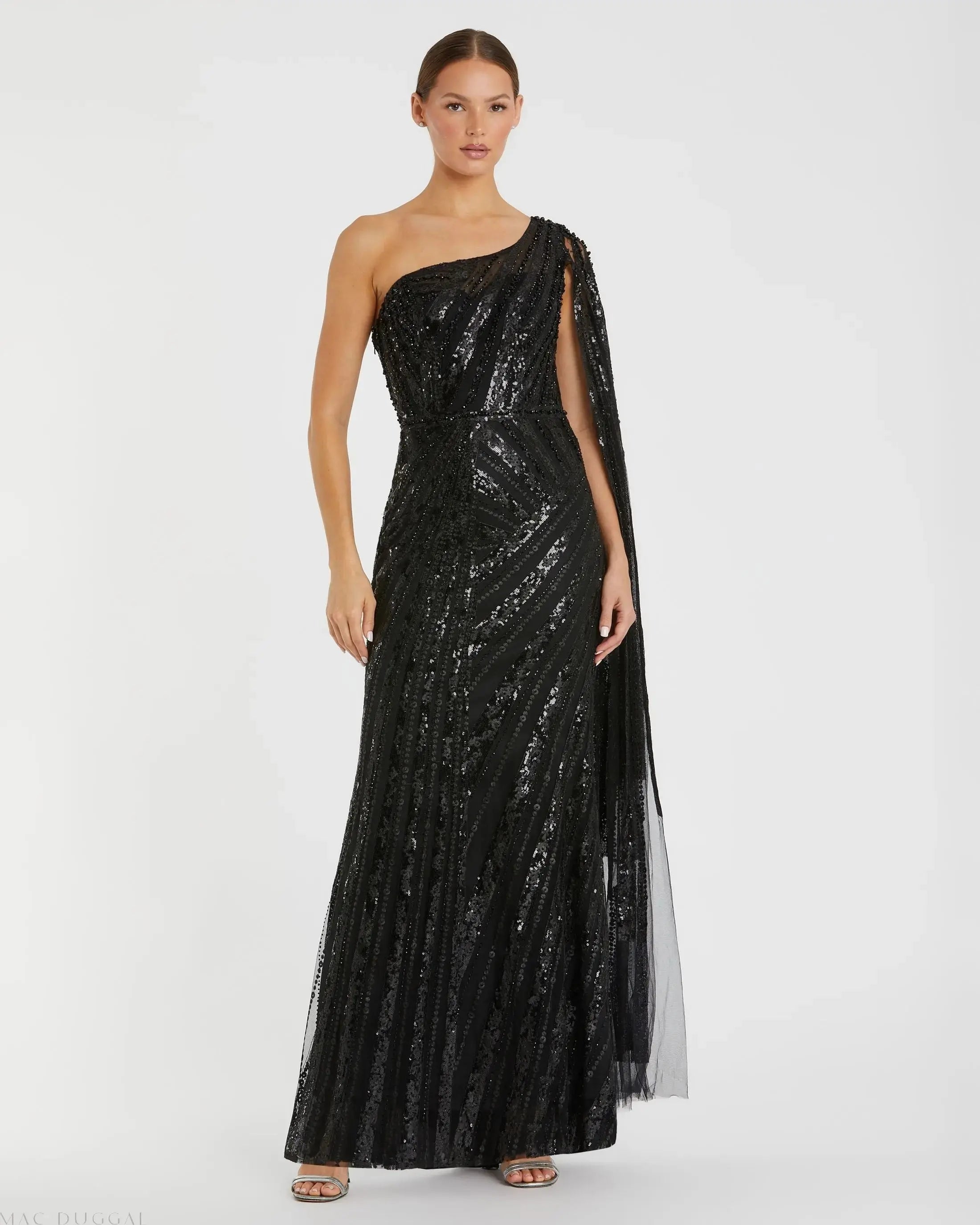 Black One Shoulder Cape Sleeve Embellished Gown-Myartka