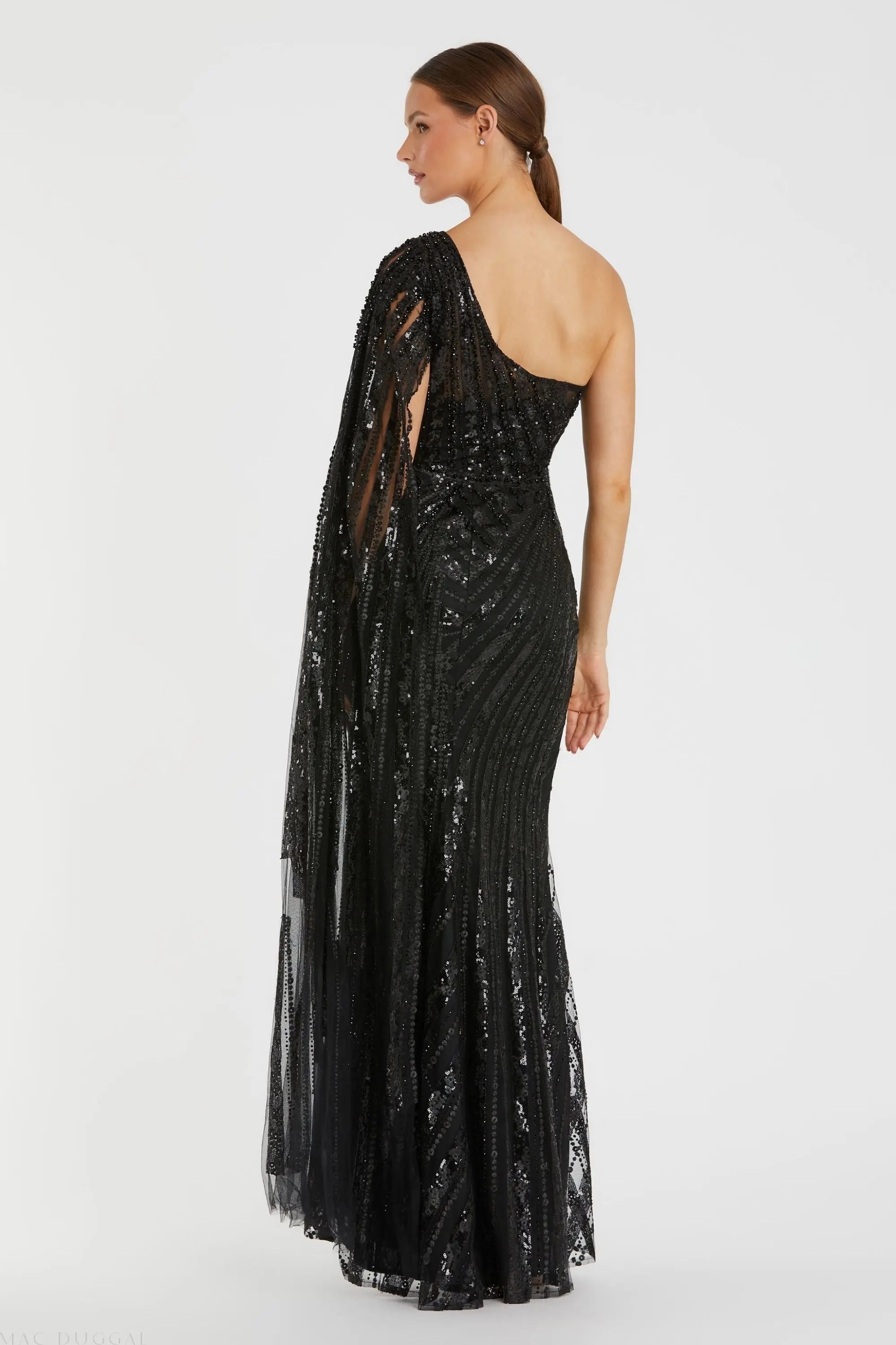 Black One Shoulder Cape Sleeve Embellished Gown-Myartka