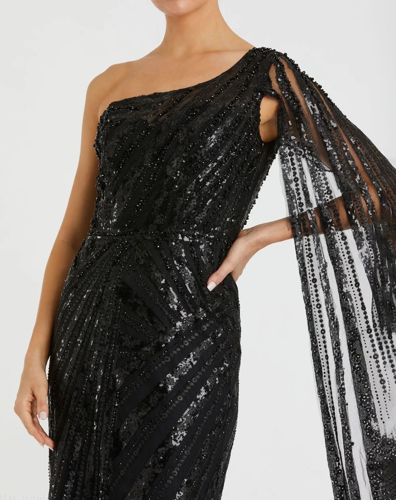 Black One Shoulder Cape Sleeve Embellished Gown-Myartka
