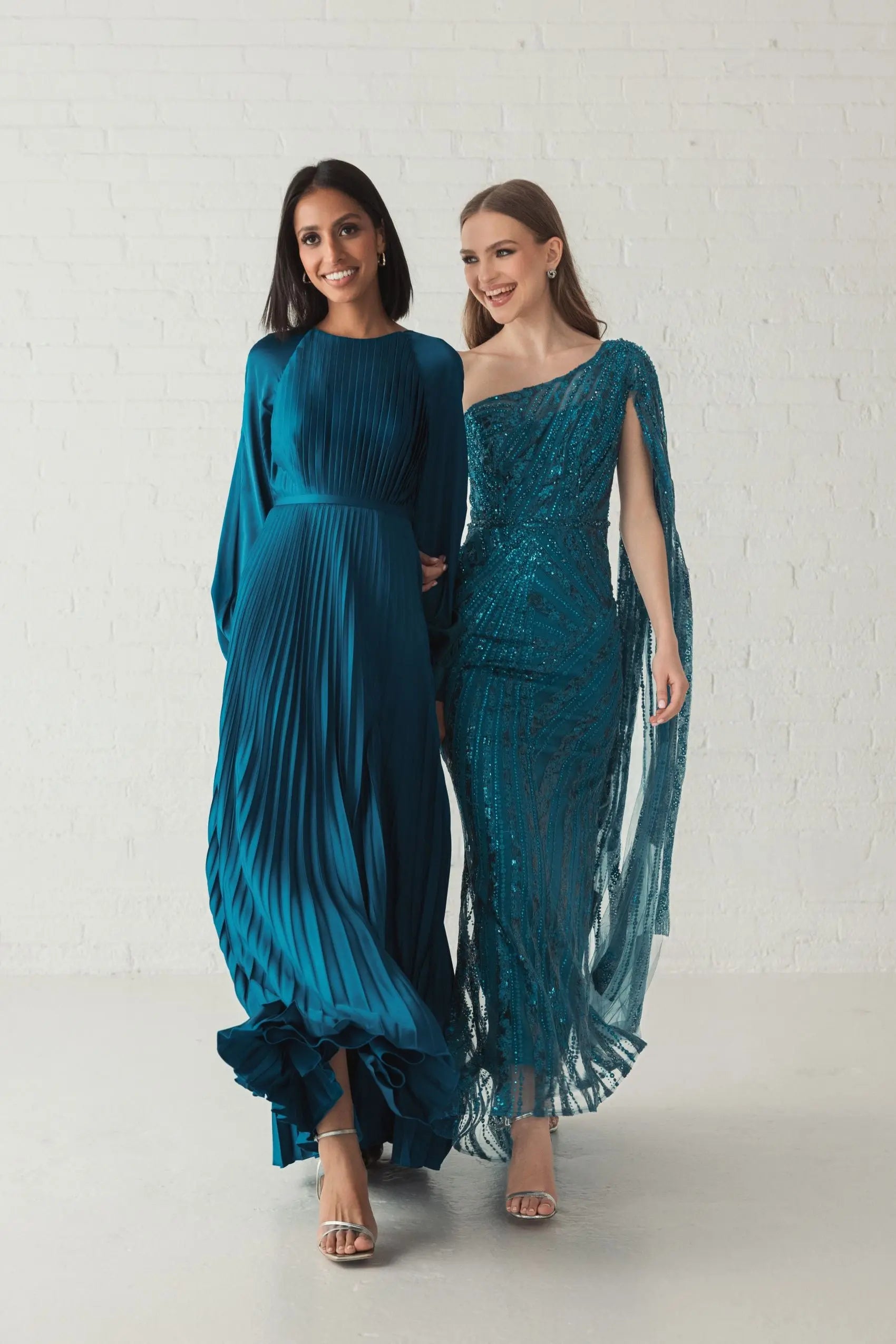 Blue Pleated High Neck Long Sleeve Gown with Slit-Myartka