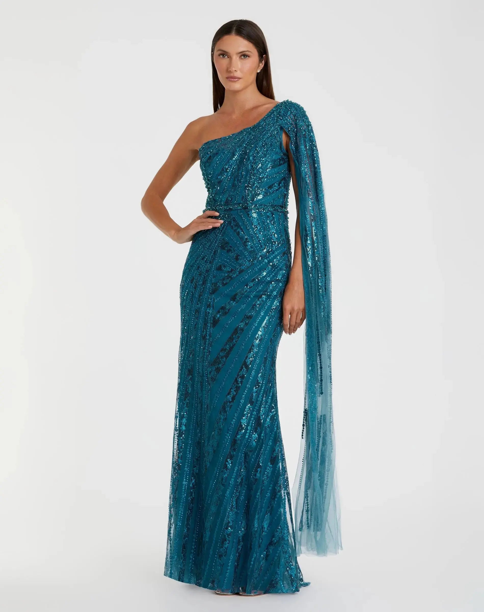 Blue One Shoulder Cape Sleeve Embellished Gown-Myartka