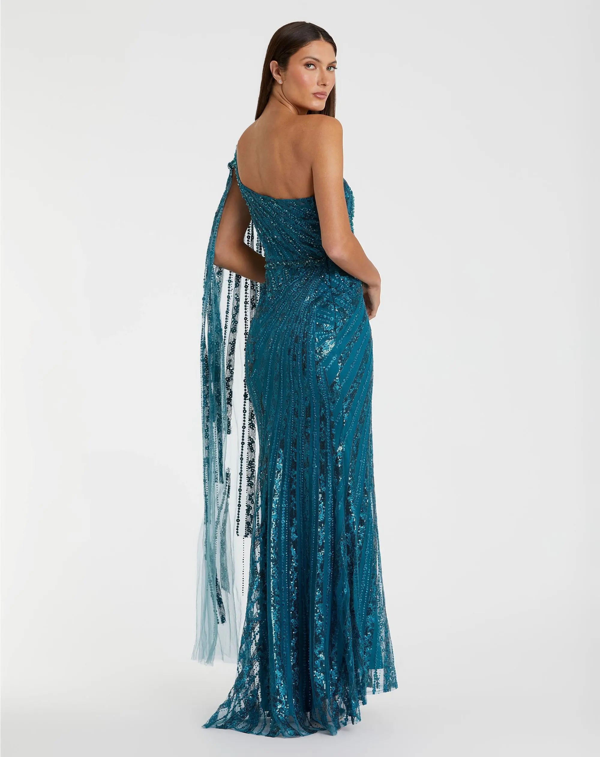 Blue One Shoulder Cape Sleeve Embellished Gown-Myartka