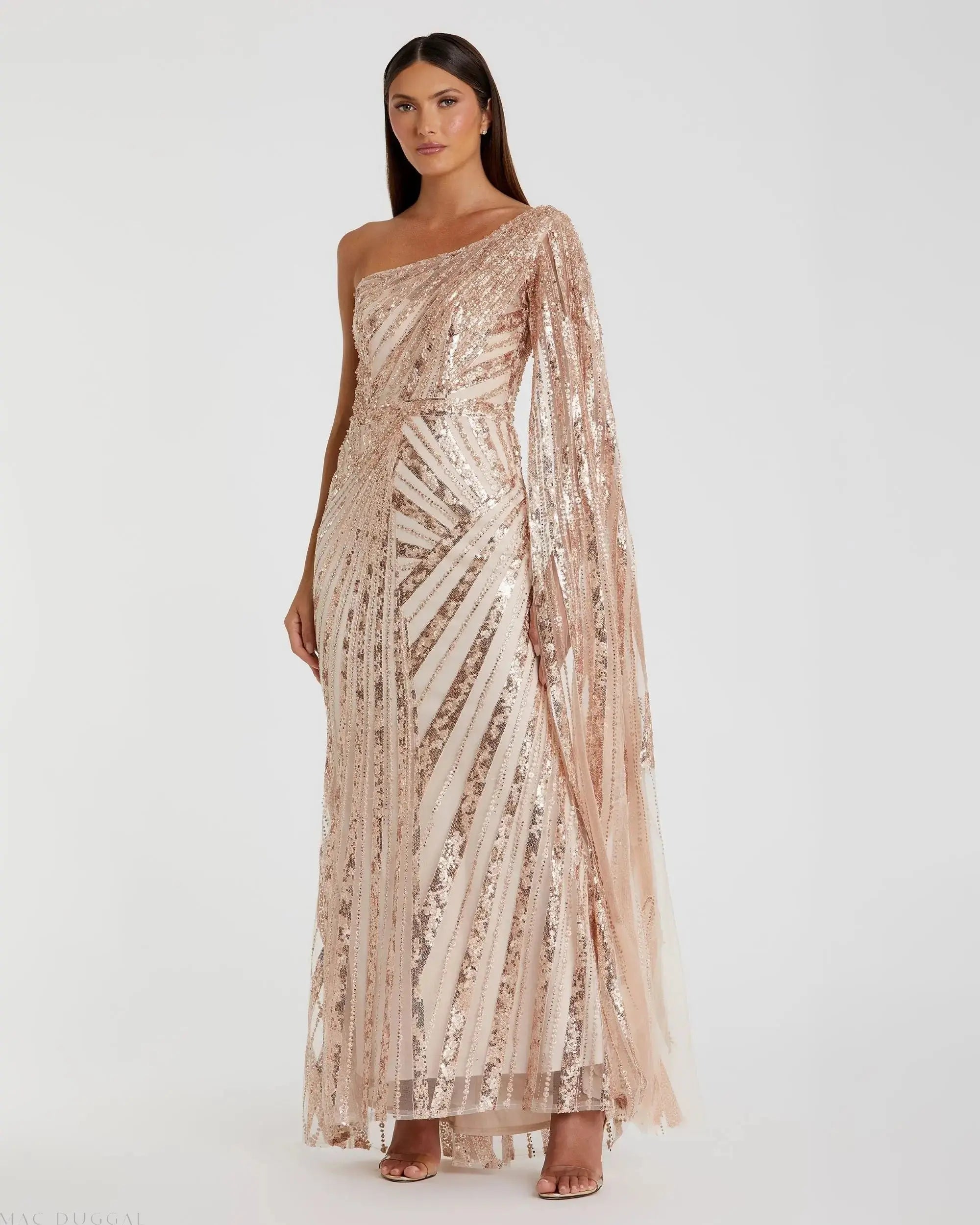 Rose Gold One Shoulder Cape Sleeve Embellished Gown-Myartka