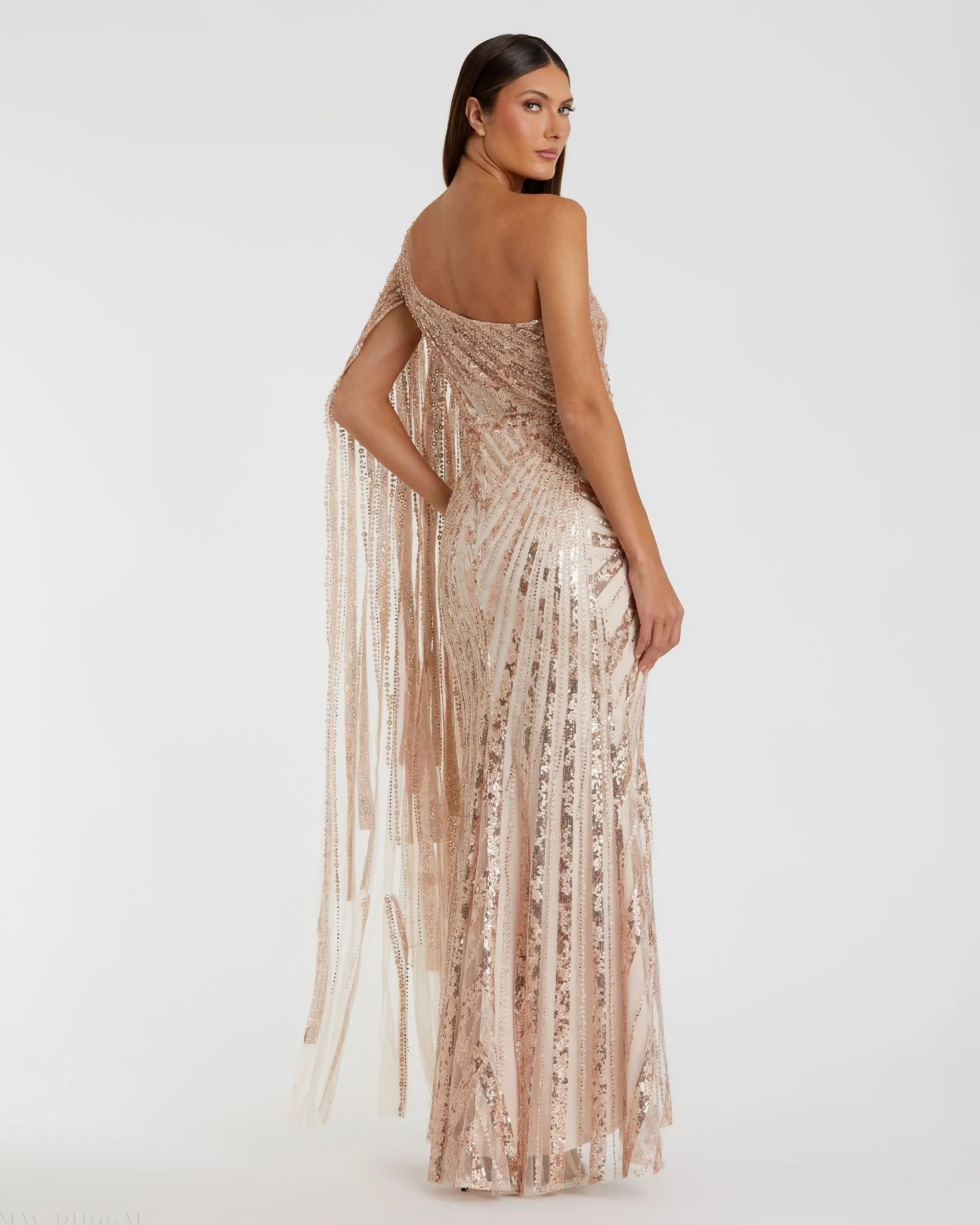 Rose Gold One Shoulder Cape Sleeve Embellished Gown-Myartka