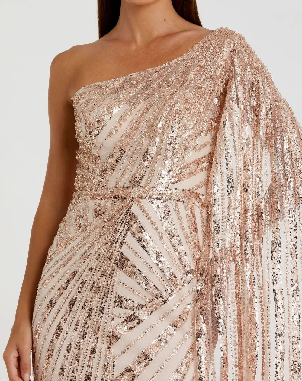 Rose Gold One Shoulder Cape Sleeve Embellished Gown-Myartka