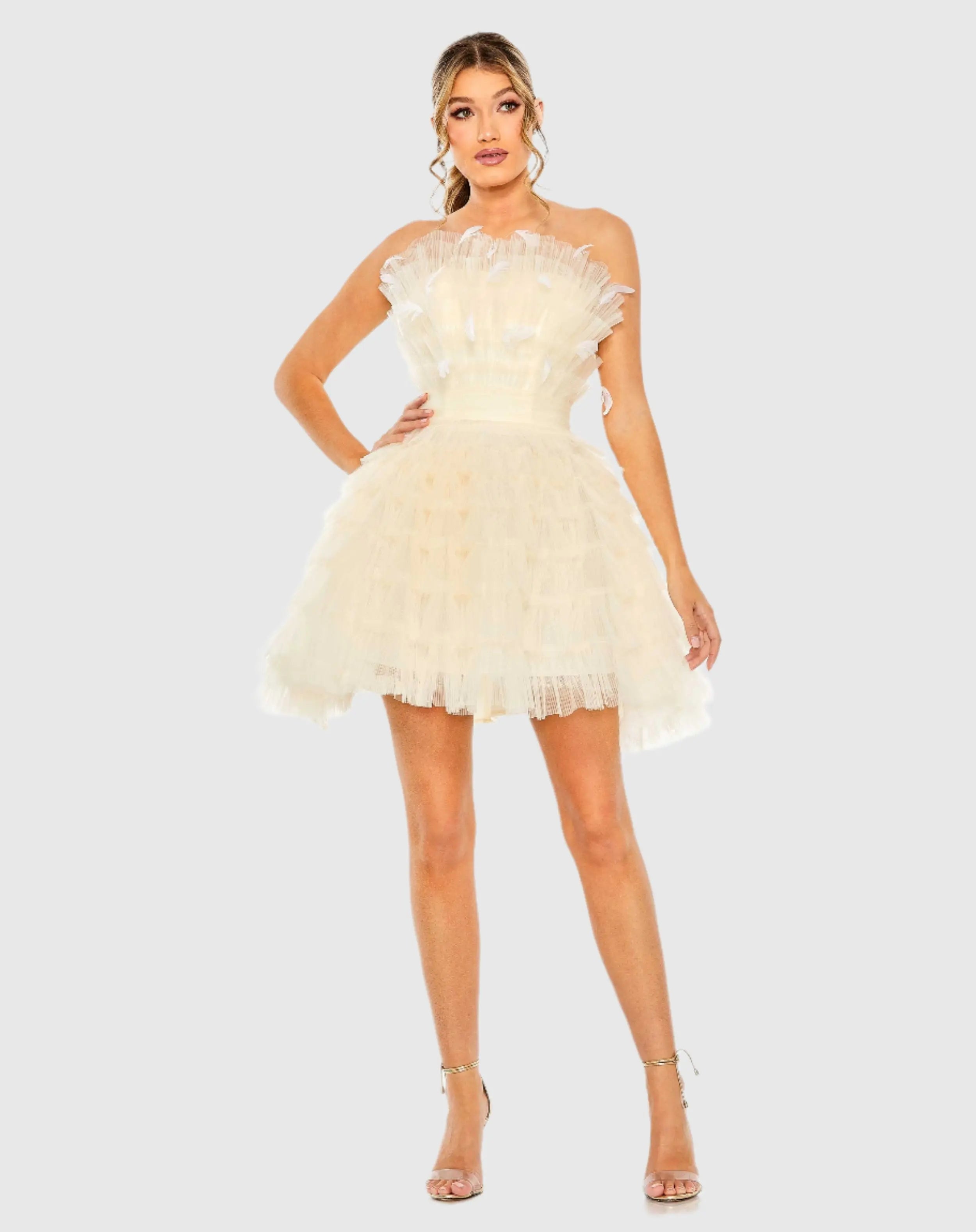 Beige Feathered Strapless Tulle Fit and Flare Dress - FINAL SALE-Myartka