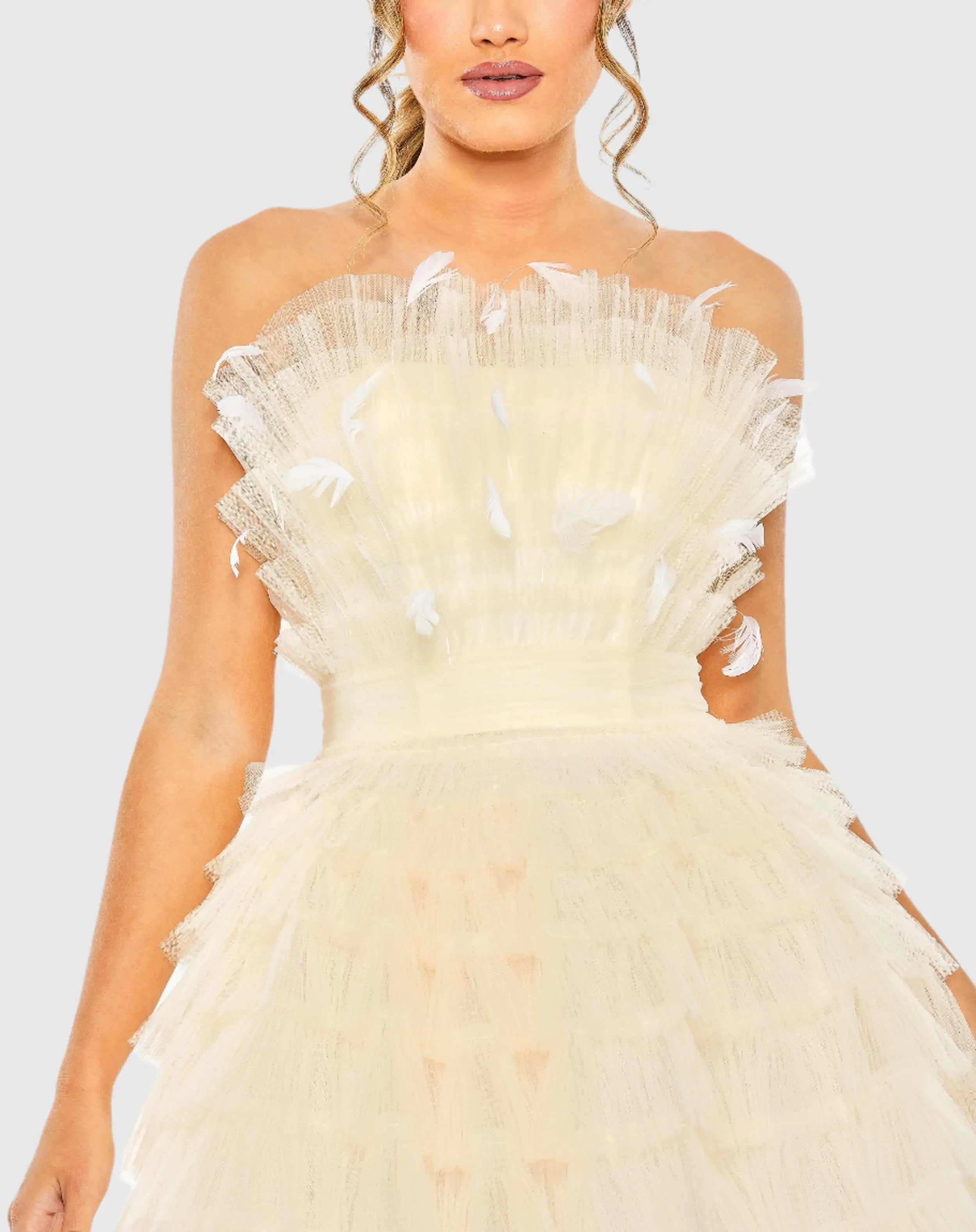 Beige Feathered Strapless Tulle Fit and Flare Dress - FINAL SALE-Myartka
