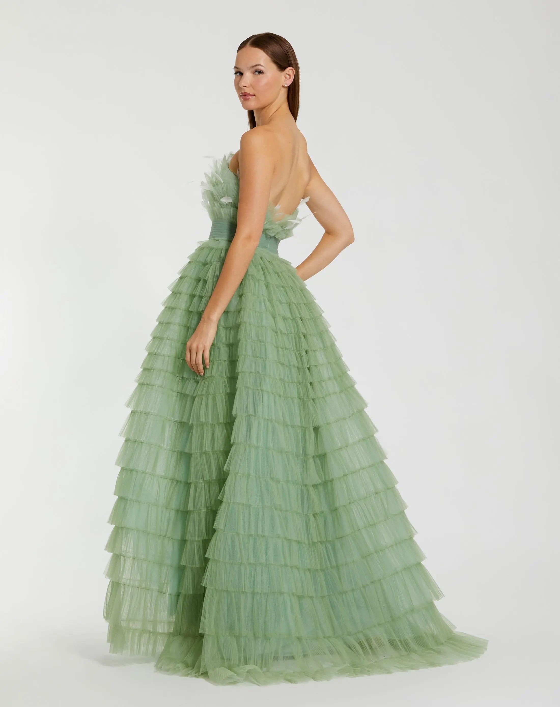 Green Strapless Ruffle Gown with Feathers-Myartka