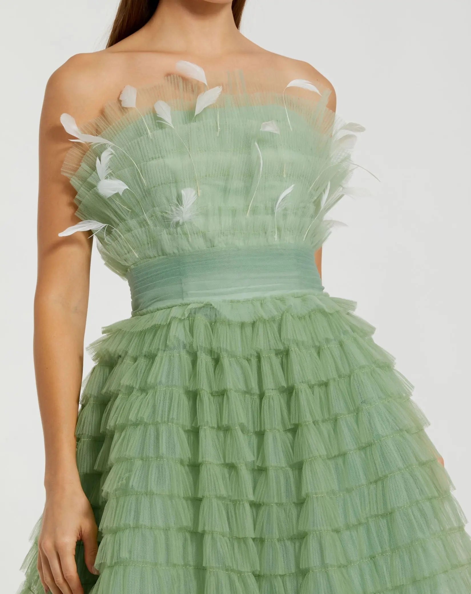 Green Strapless Ruffle Gown with Feathers-Myartka