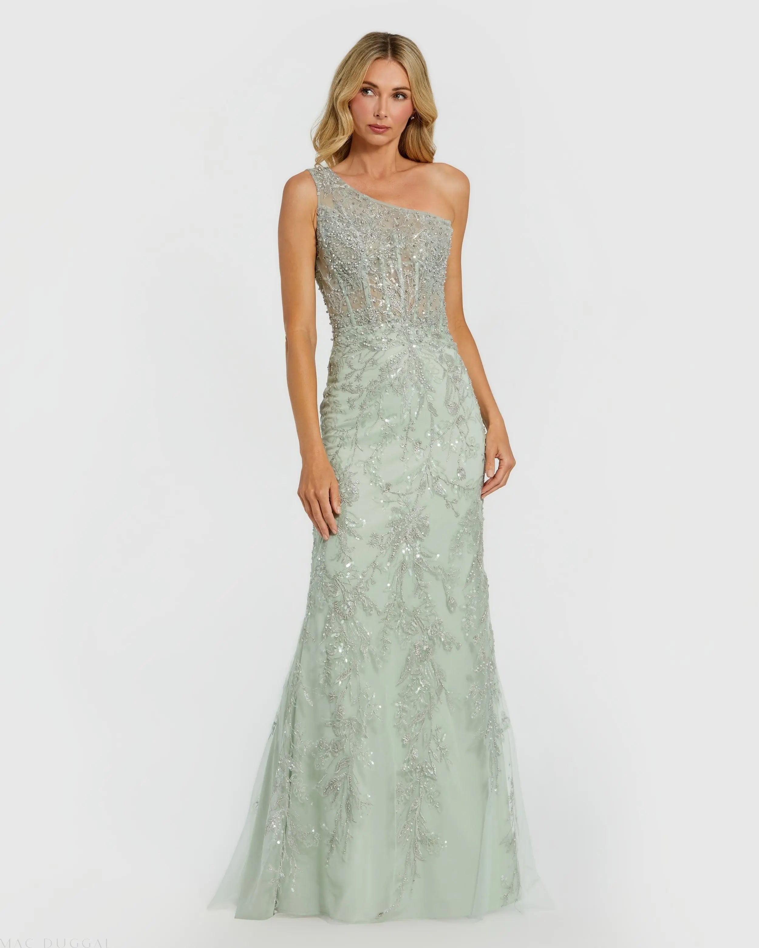 Green One Shoulder Hand Embellished Evening Gown-Myartka