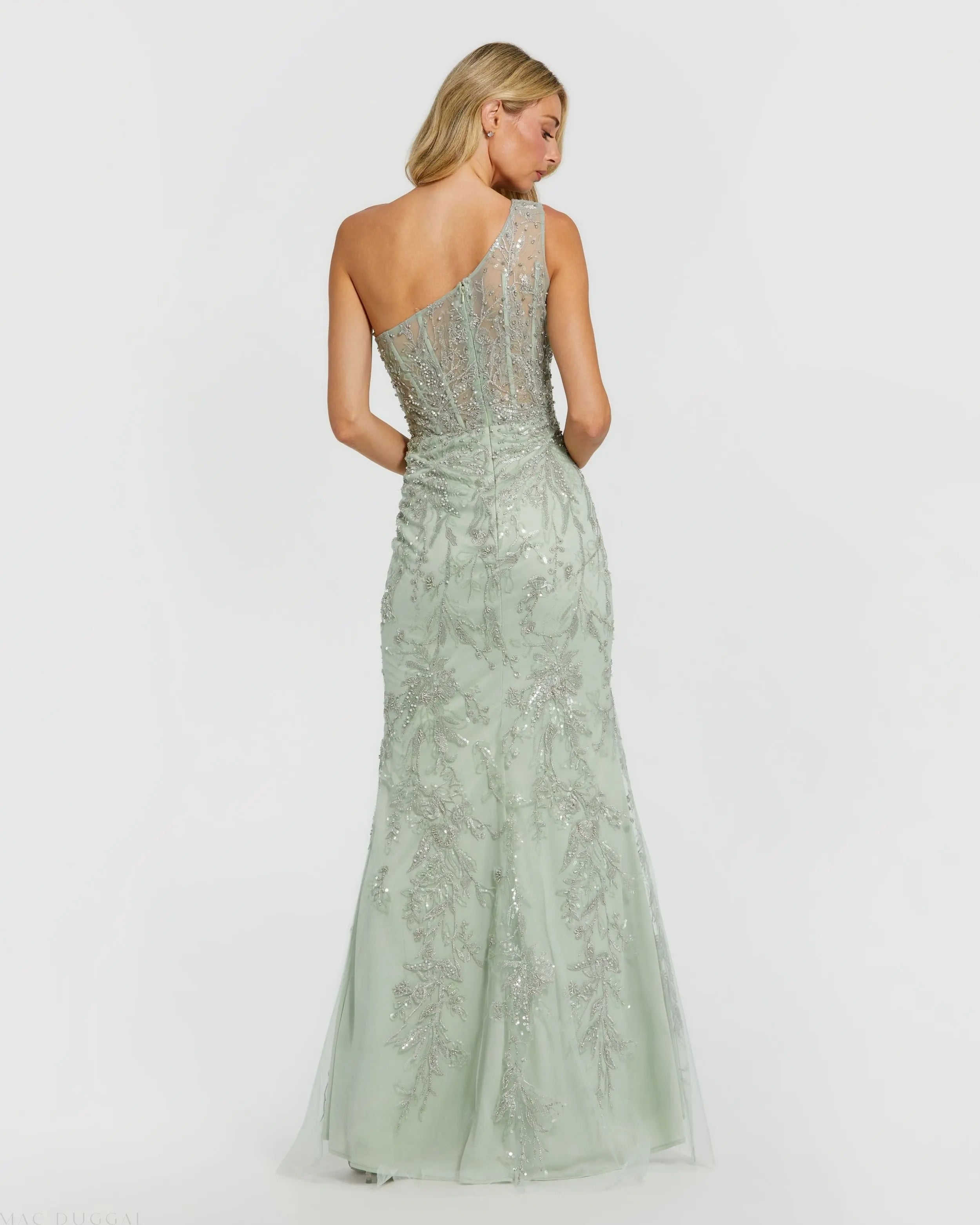 Green One Shoulder Hand Embellished Evening Gown-Myartka