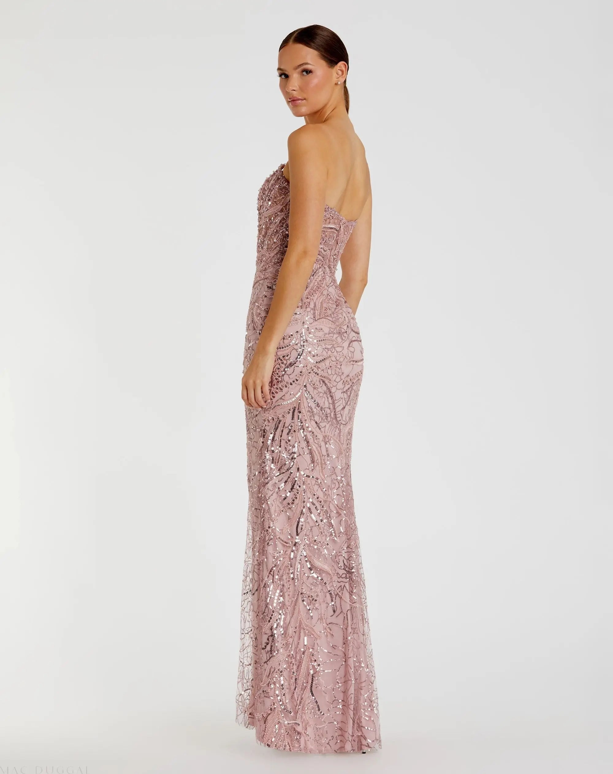 Pink Beaded Sequin Strapless Trumpet Gown-Myartka