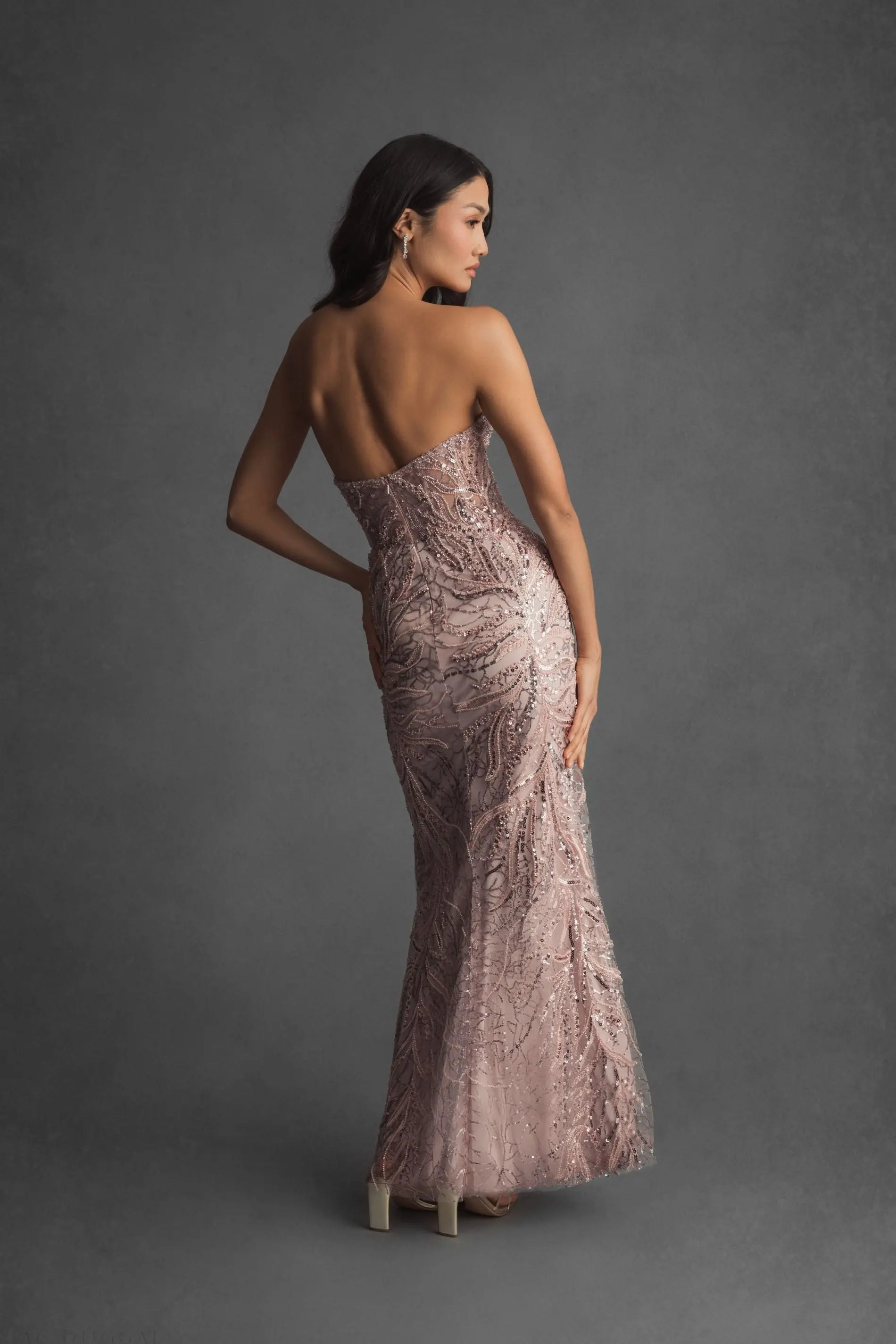 Pink Beaded Sequin Strapless Trumpet Gown-Myartka