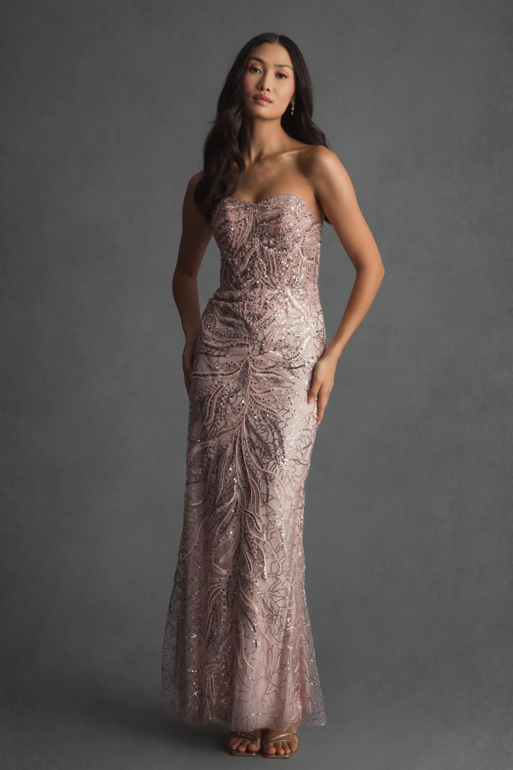 Pink Beaded Sequin Strapless Trumpet Gown-Myartka
