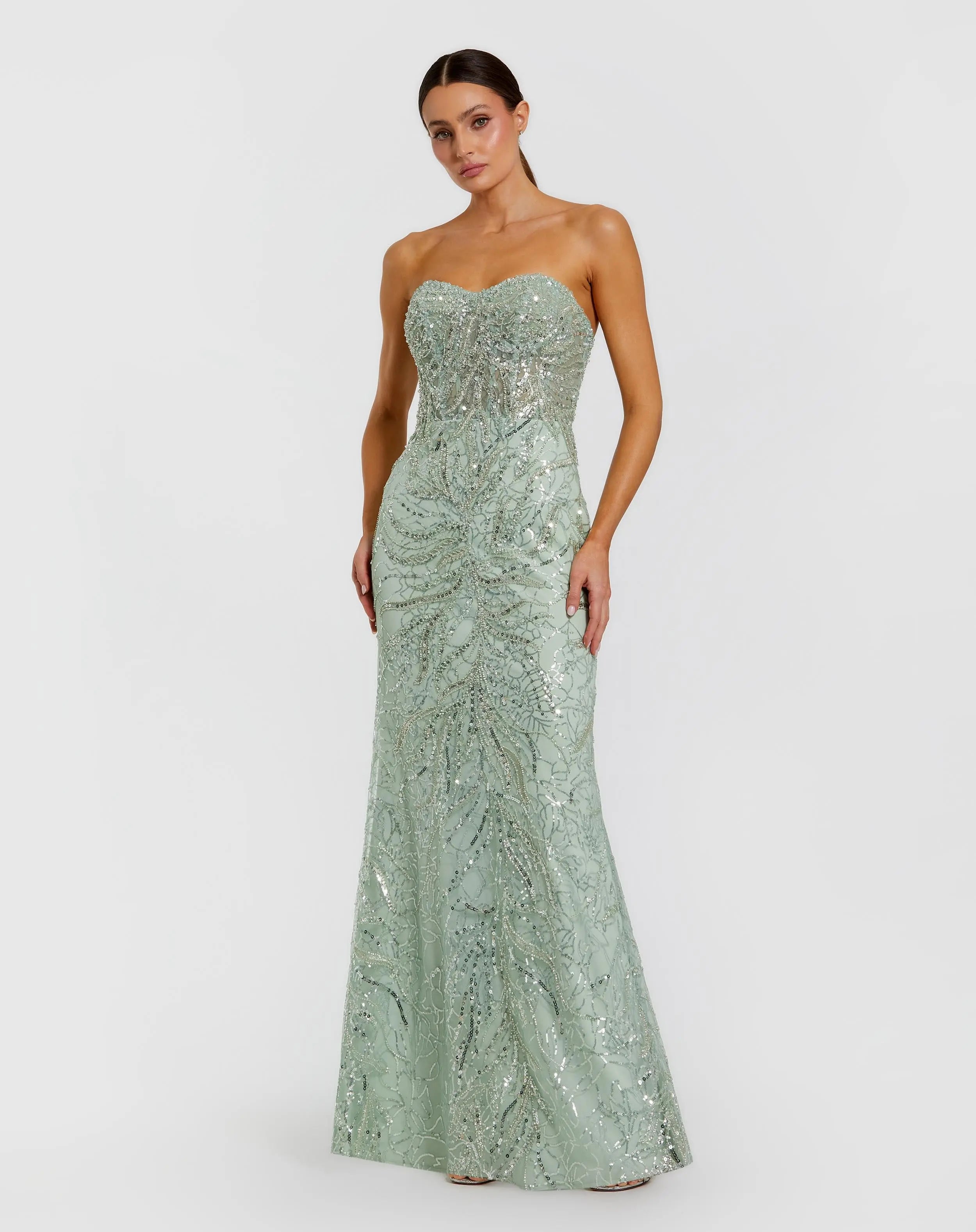 Green Beaded Sequin Strapless Trumpet Gown-Myartka