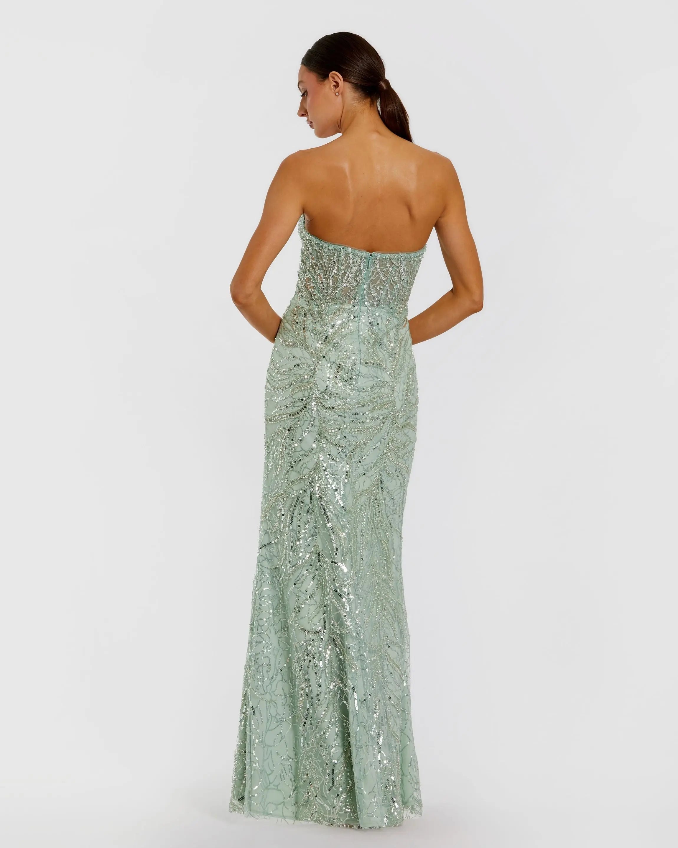 Green Beaded Sequin Strapless Trumpet Gown-Myartka