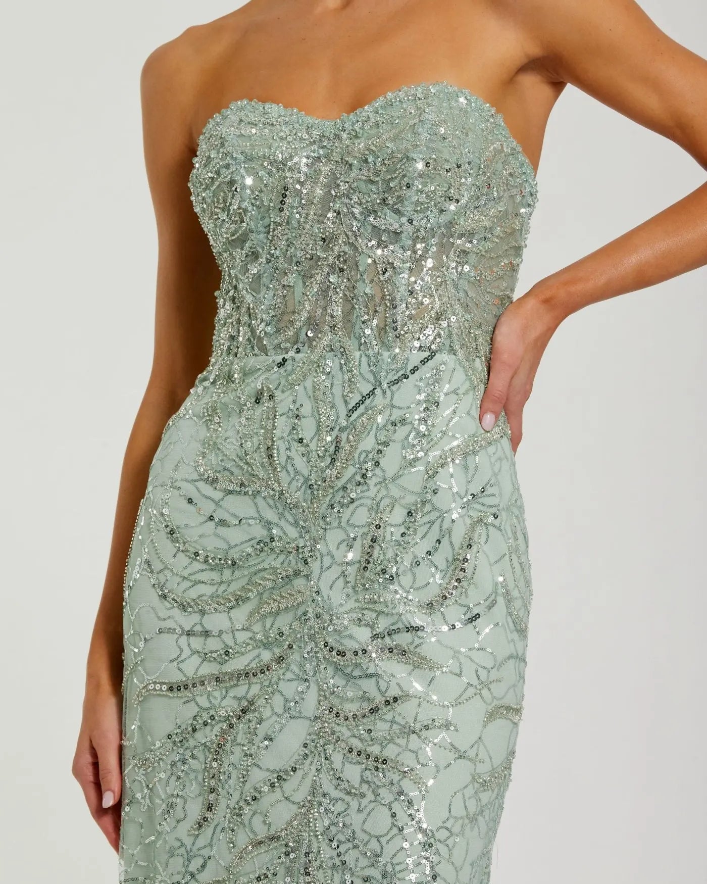 Green Beaded Sequin Strapless Trumpet Gown-Myartka