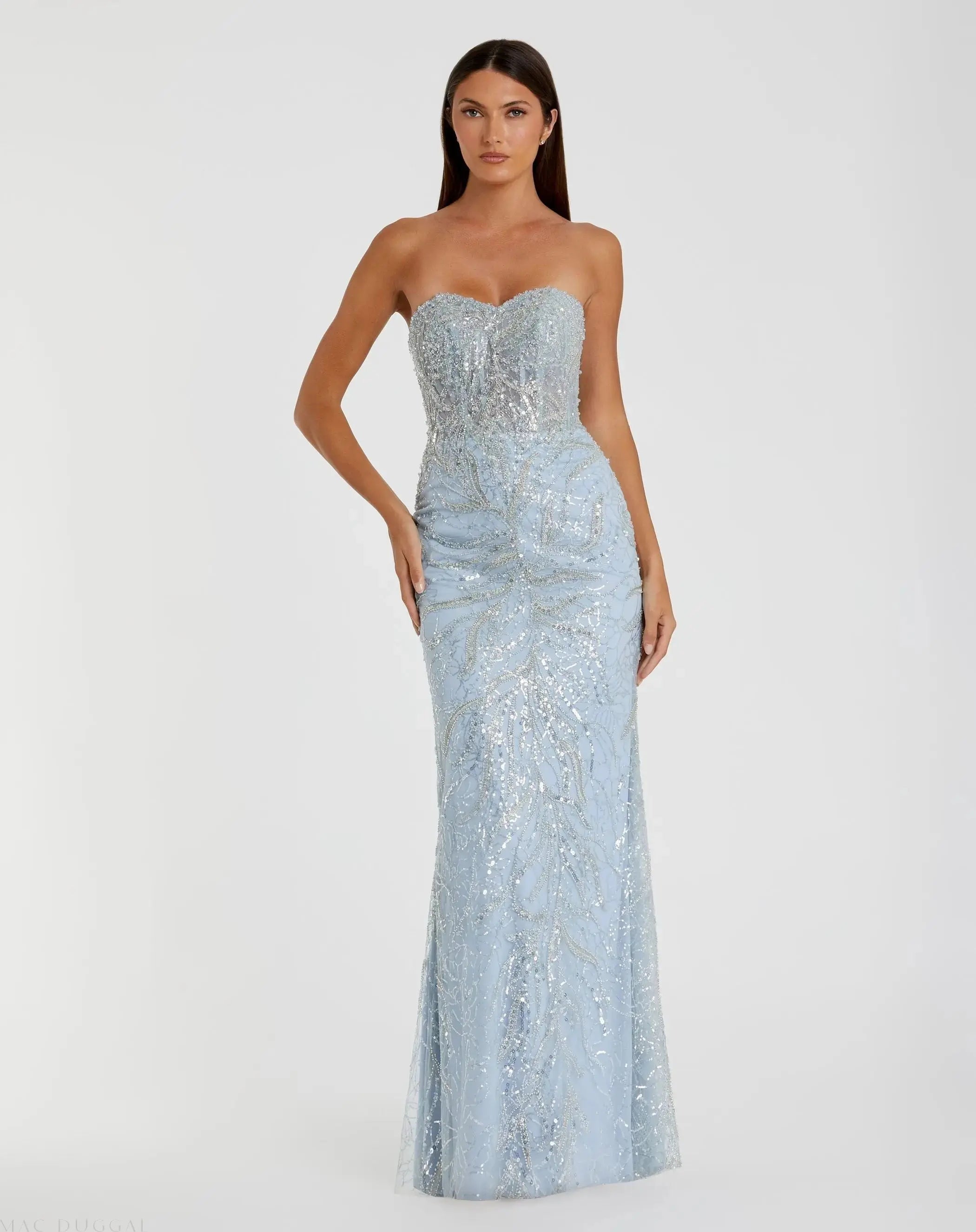 Blue Beaded Sequin Strapless Trumpet Gown-Myartka