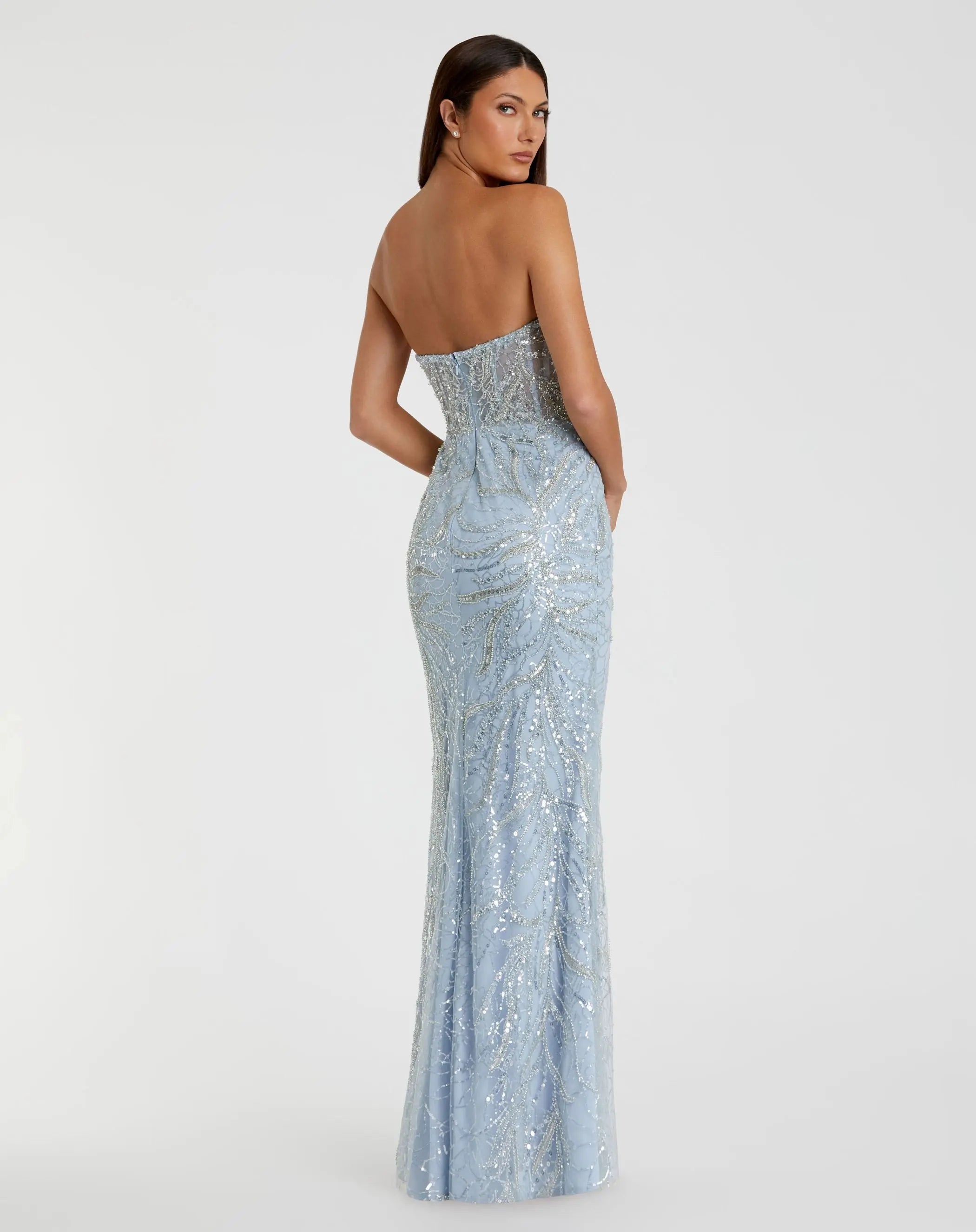 Blue Beaded Sequin Strapless Trumpet Gown-Myartka
