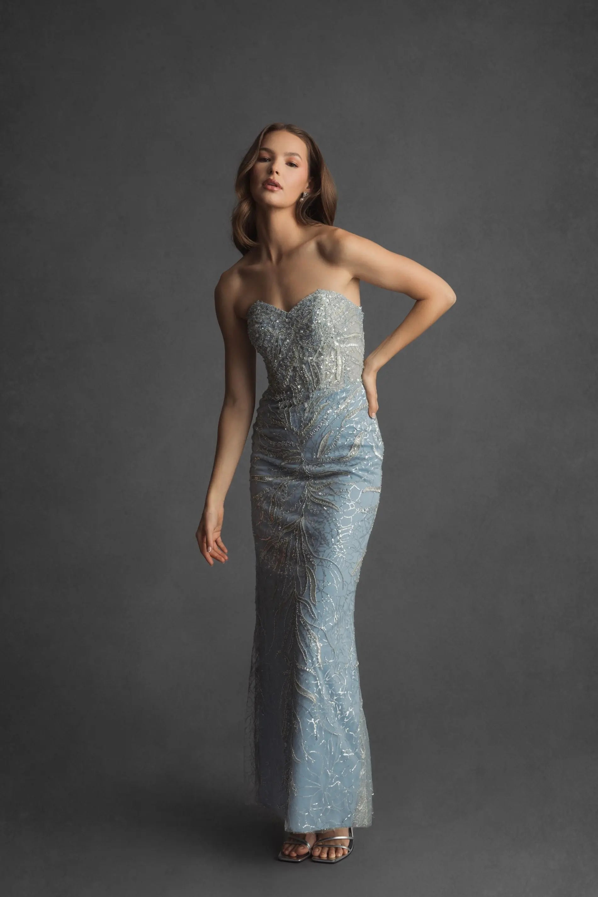 Blue Beaded Sequin Strapless Trumpet Gown-Myartka