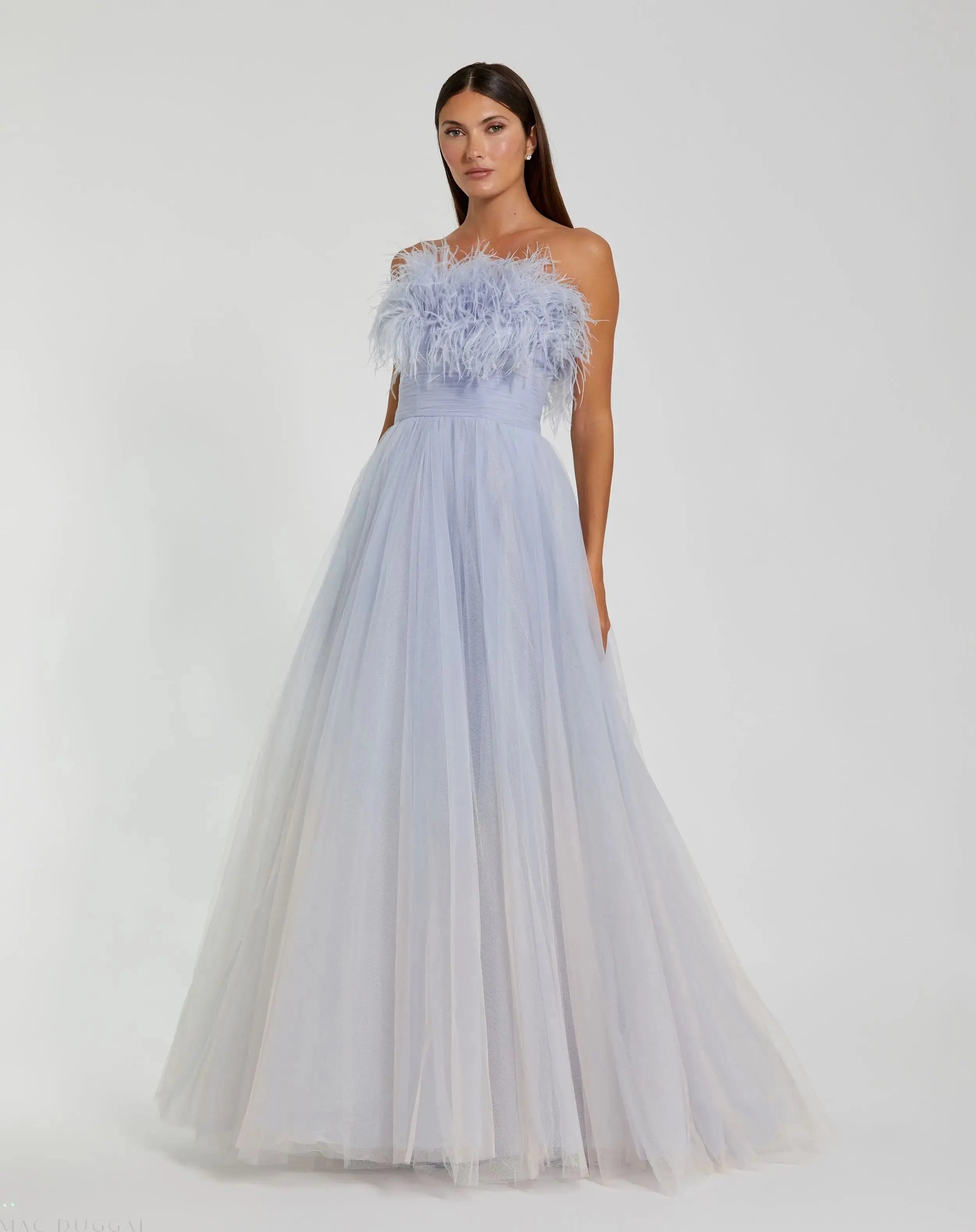 Blue Ombre Strapless Feather Bodice Tulle Gown - FINAL SALE-Myartka