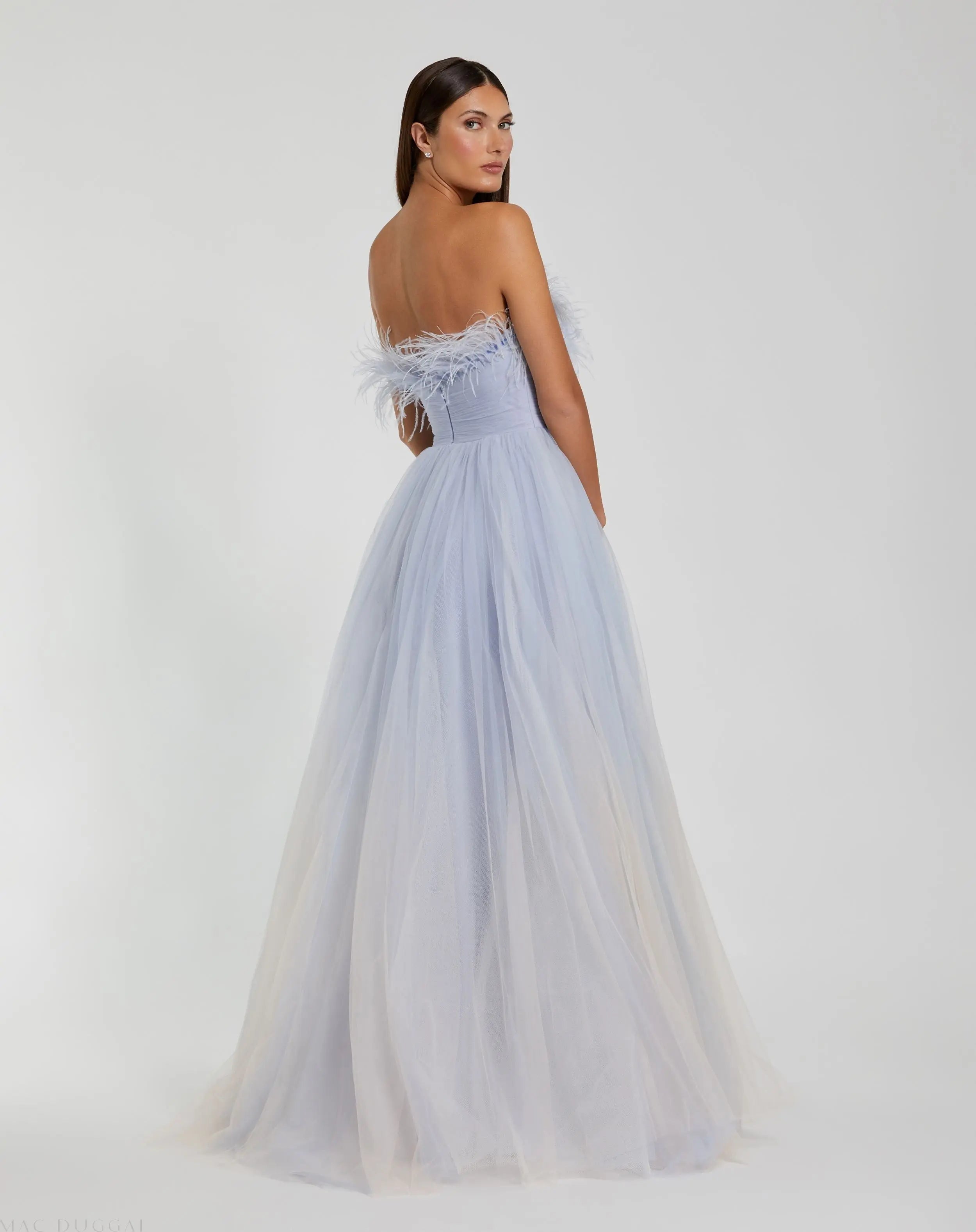 Blue Ombre Strapless Feather Bodice Tulle Gown - FINAL SALE-Myartka