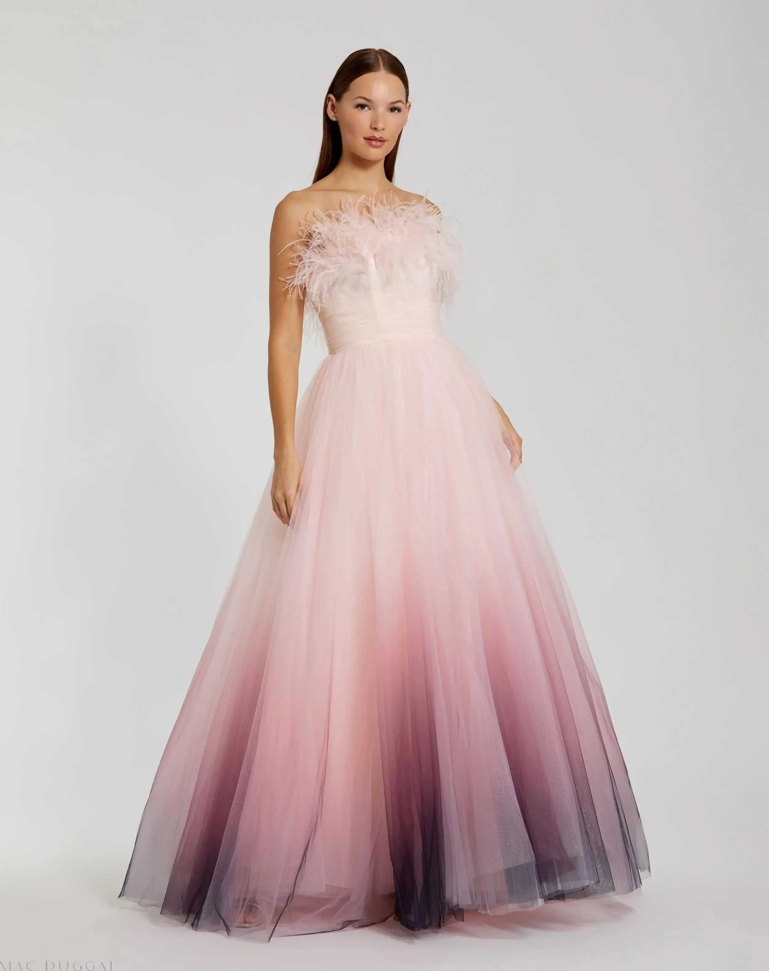 Pink Ombre Strapless Feather Bodice Tulle Gown-Myartka