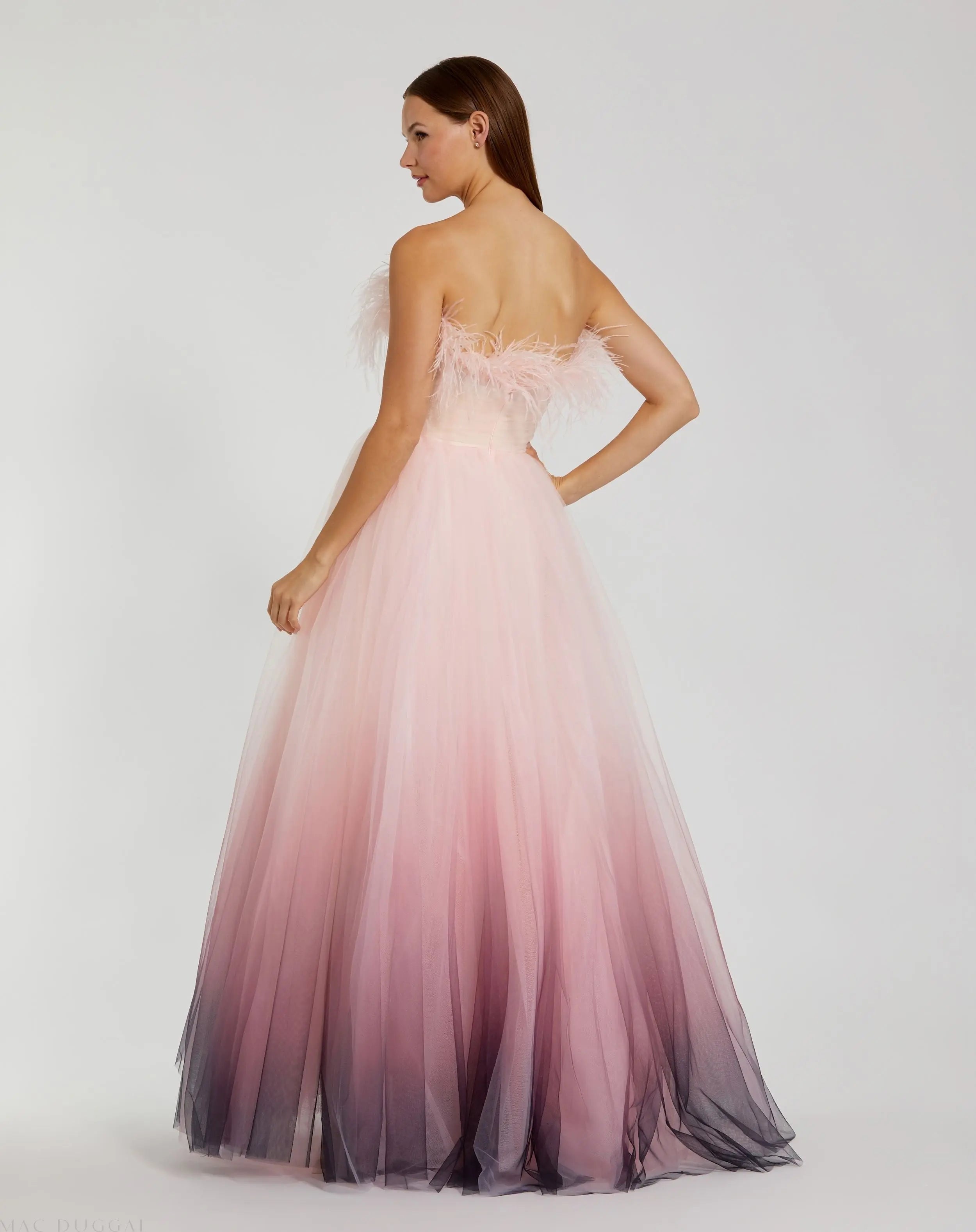 Pink Ombre Strapless Feather Bodice Tulle Gown-Myartka