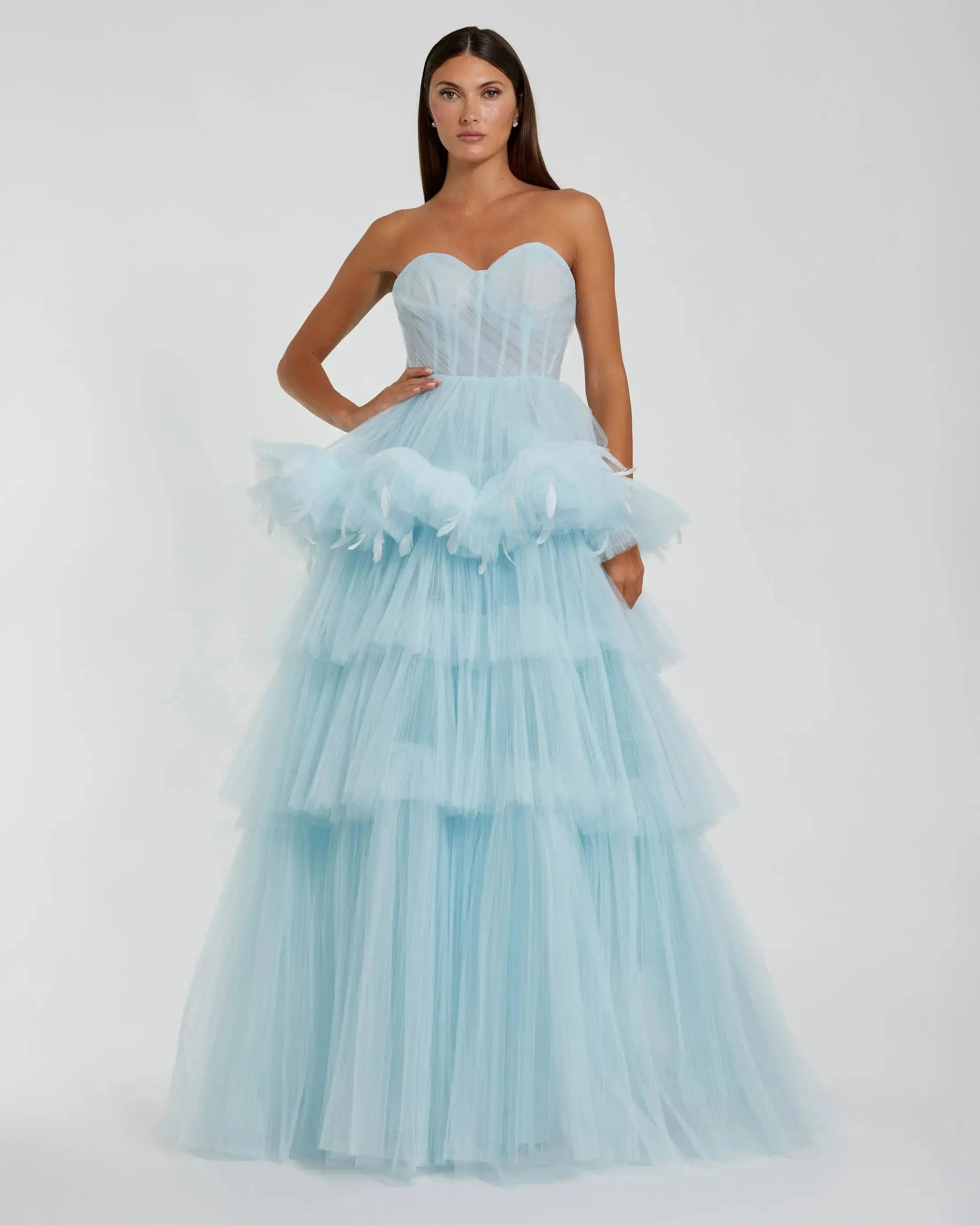 Blue Strapless Tulle Gown with Feather Detail  - FINAL SALE-Myartka