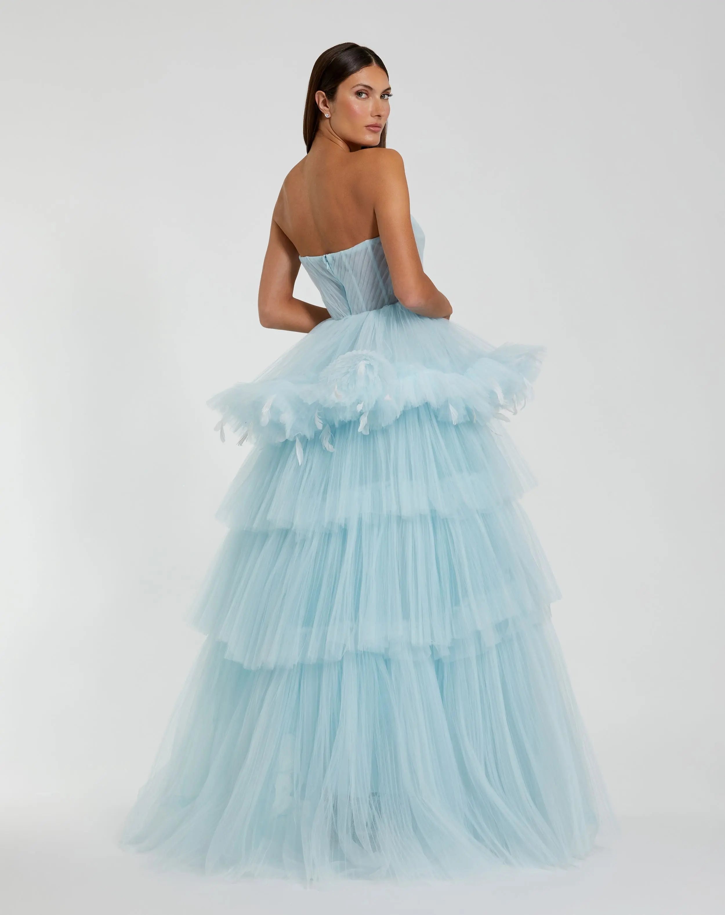 Blue Strapless Tulle Gown with Feather Detail  - FINAL SALE-Myartka