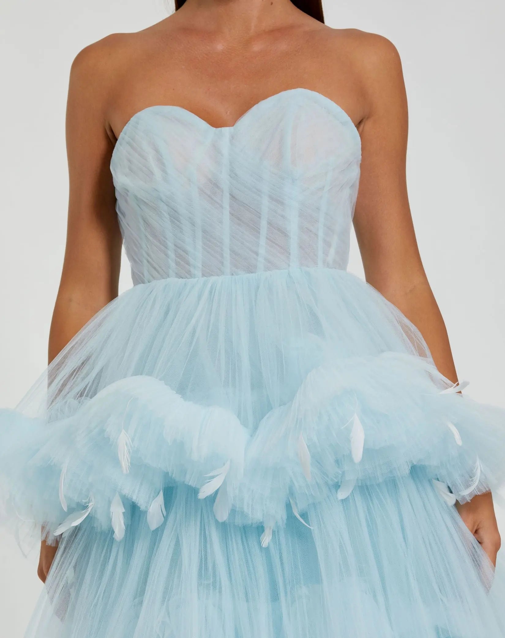 Blue Strapless Tulle Gown with Feather Detail  - FINAL SALE-Myartka