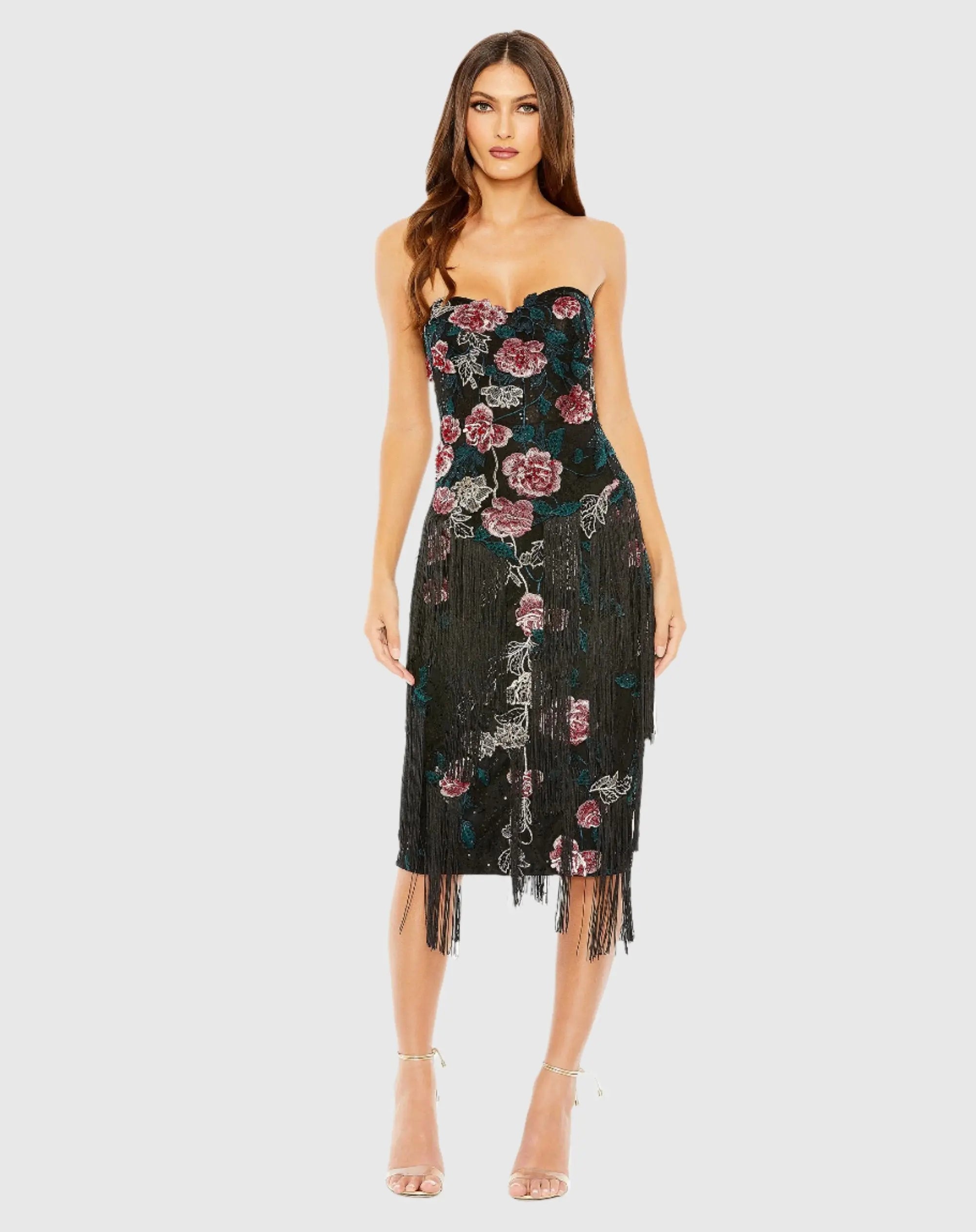 Black Strapless Floral Embroidered Midi Dress With Fringe Detailing-Myartka