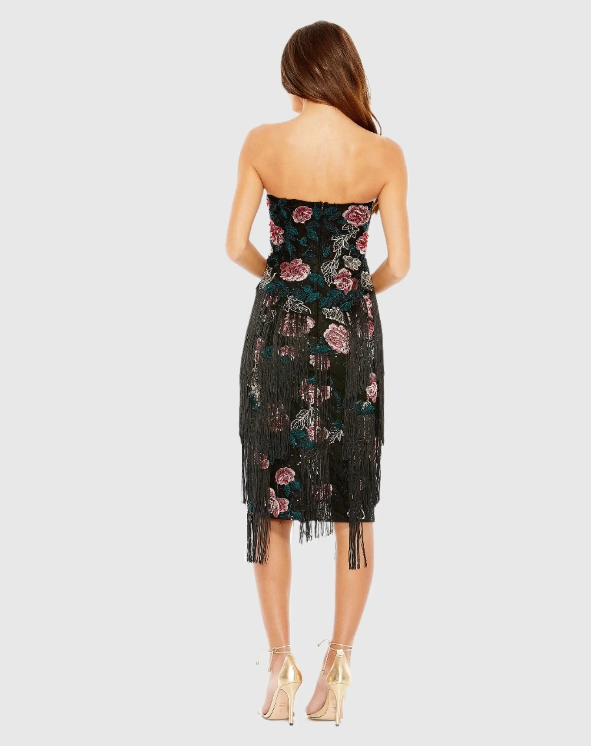 Black Strapless Floral Embroidered Midi Dress With Fringe Detailing-Myartka